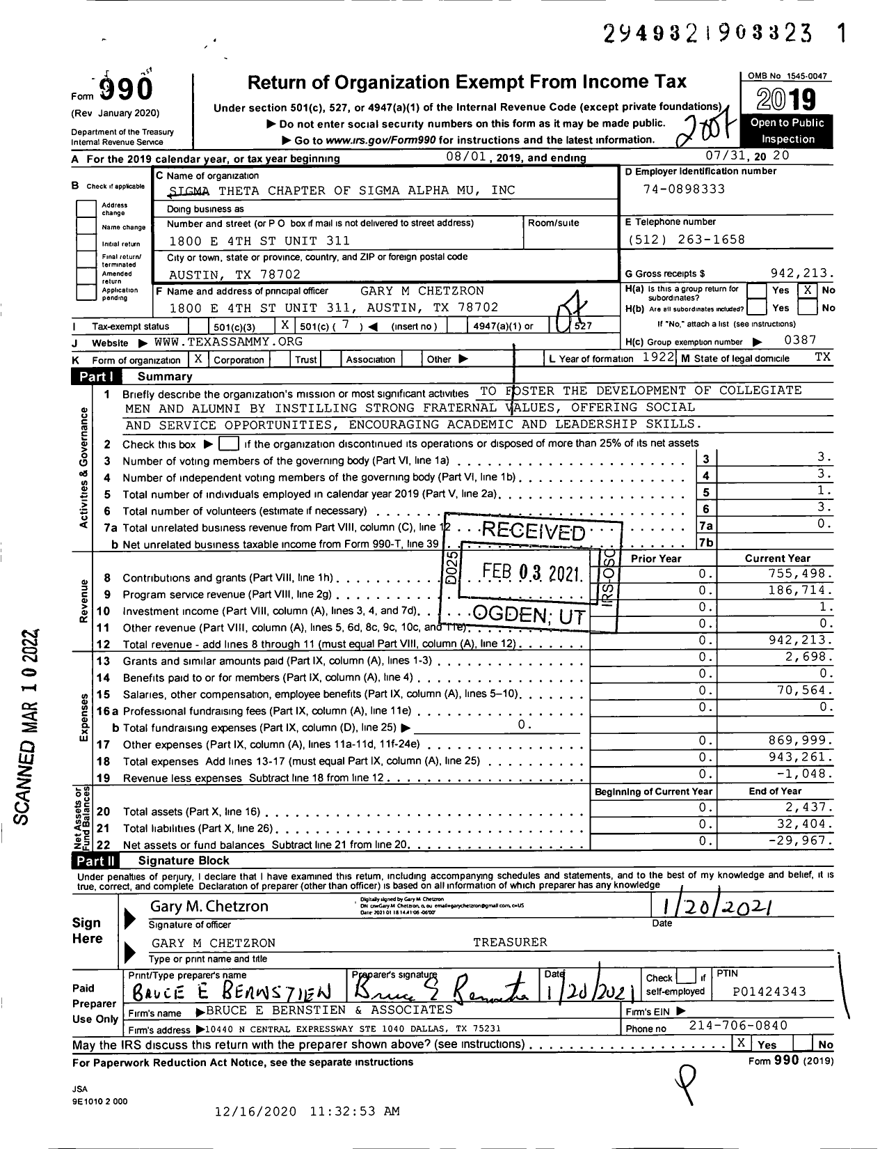 Image of first page of 2019 Form 990O for Sigma Theta Chapter of Sigma Alpha Mu