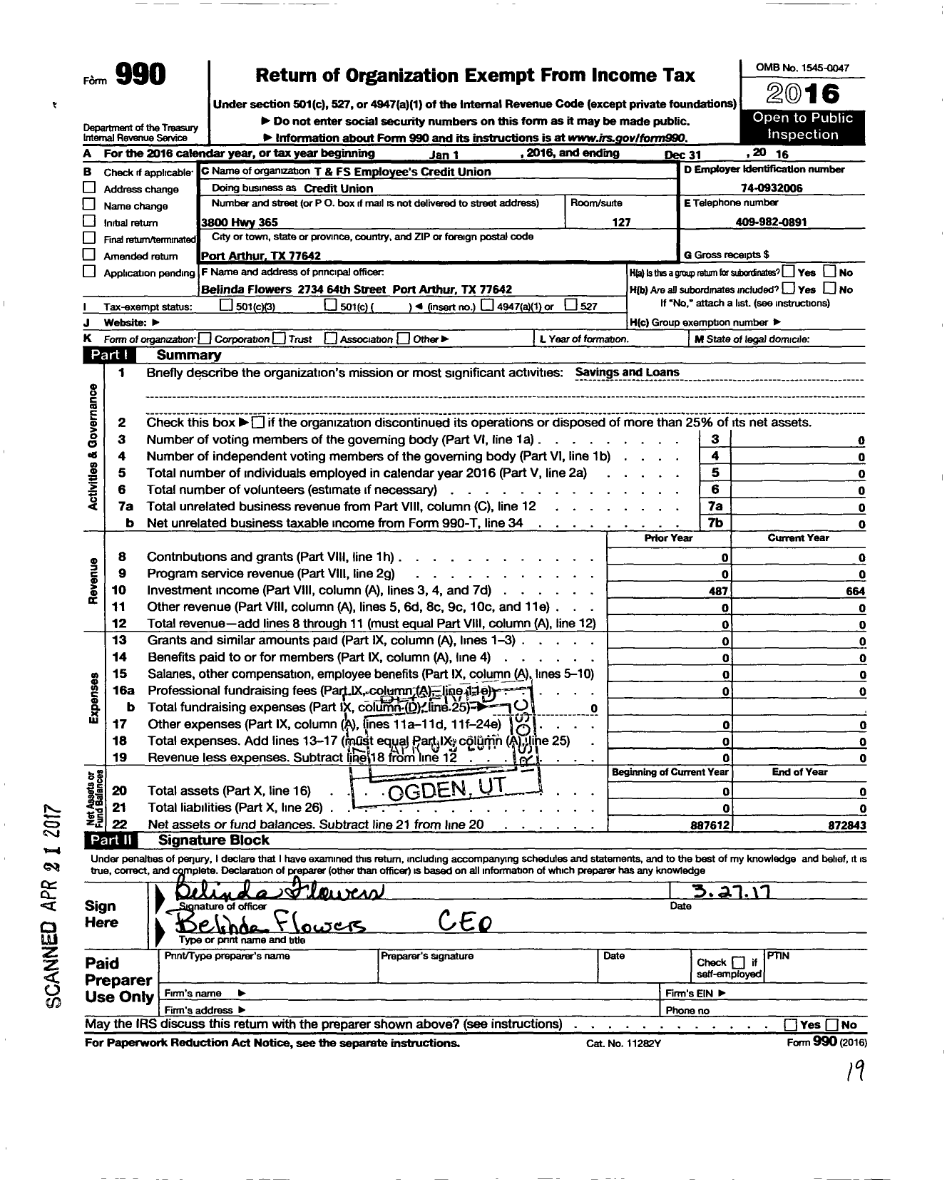 Image of first page of 2016 Form 990O for T and FS Employees Credit Union