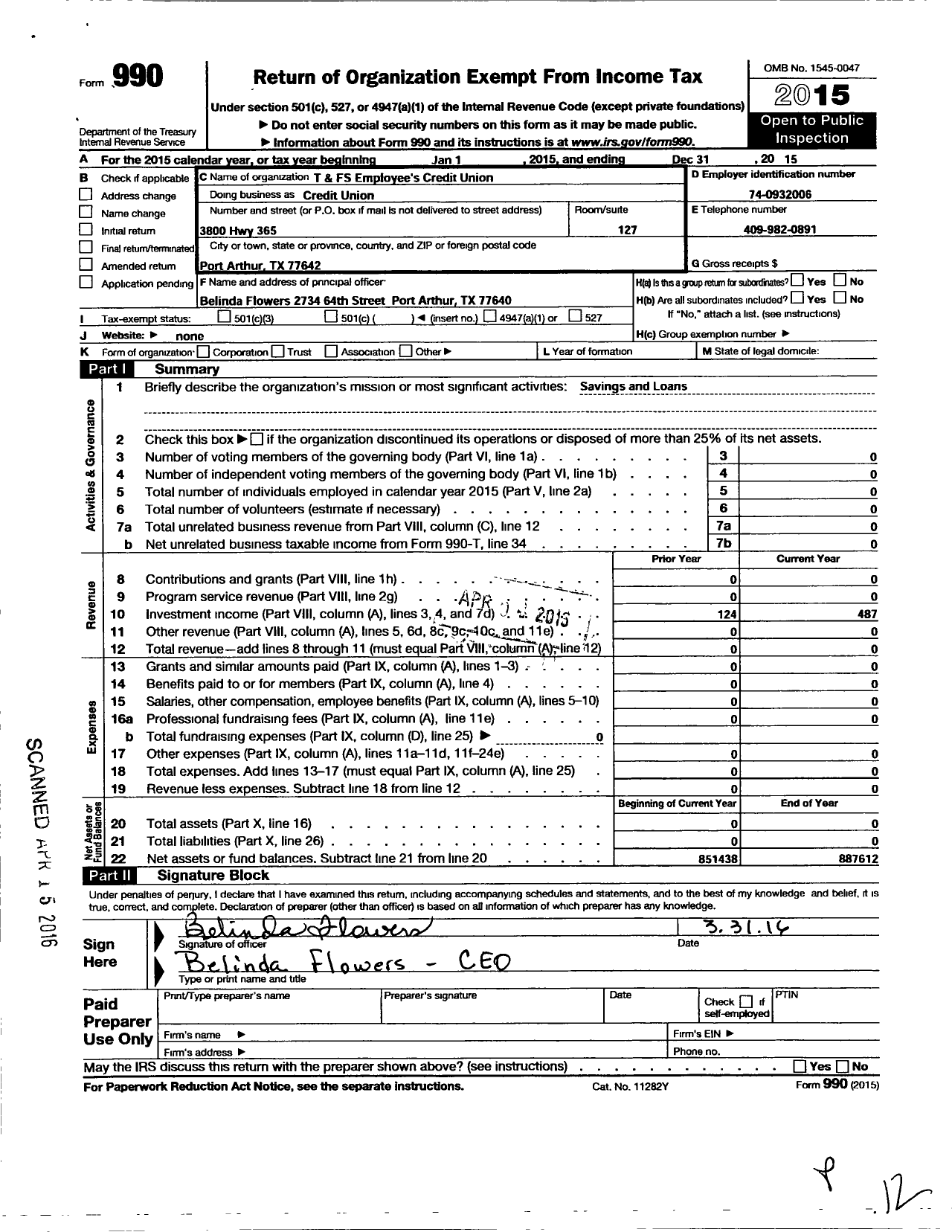 Image of first page of 2015 Form 990O for T and FS Employees Credit Union