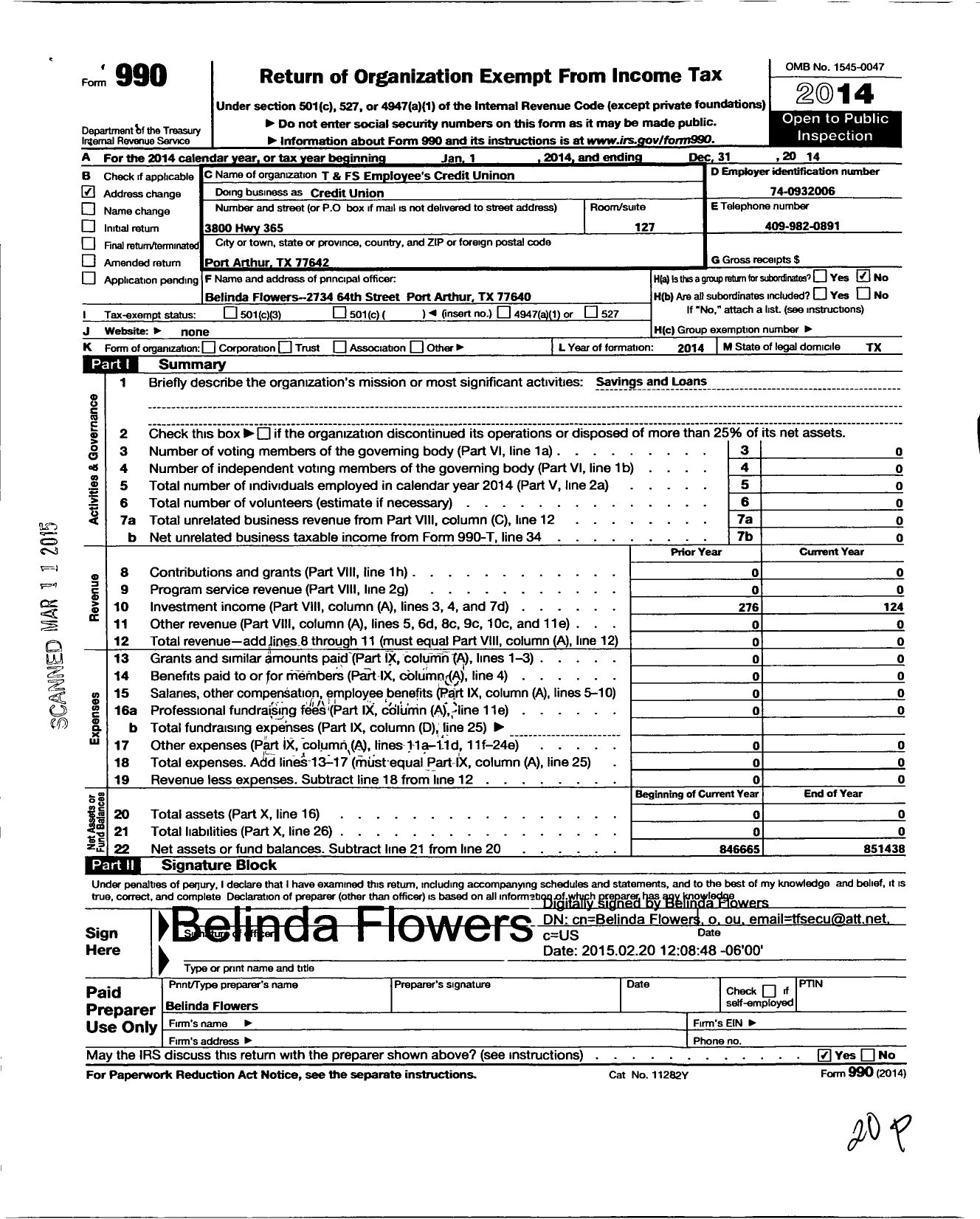 Image of first page of 2014 Form 990O for T and FS Employees Credit Union