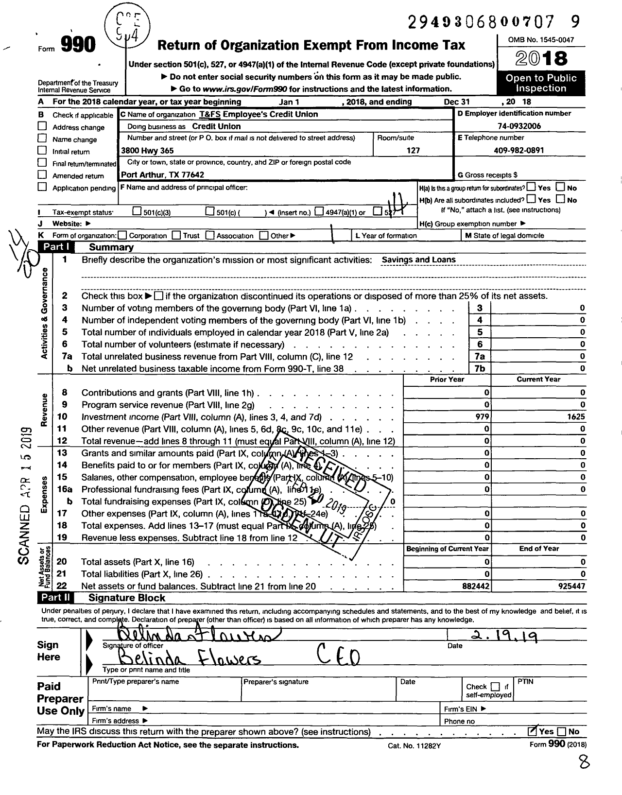 Image of first page of 2018 Form 990O for T and FS Employees Credit Union
