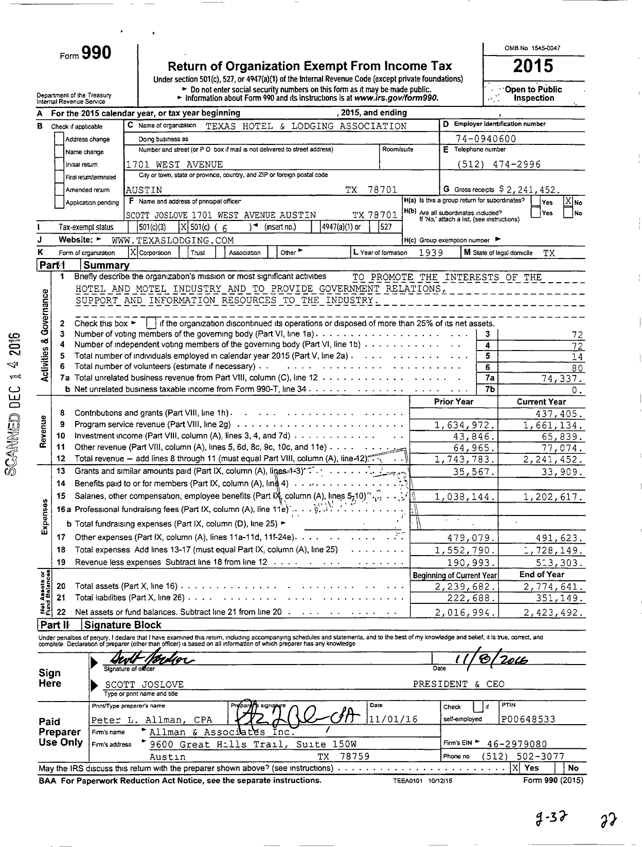 Image of first page of 2015 Form 990O for Texas Hotel and Lodging Association