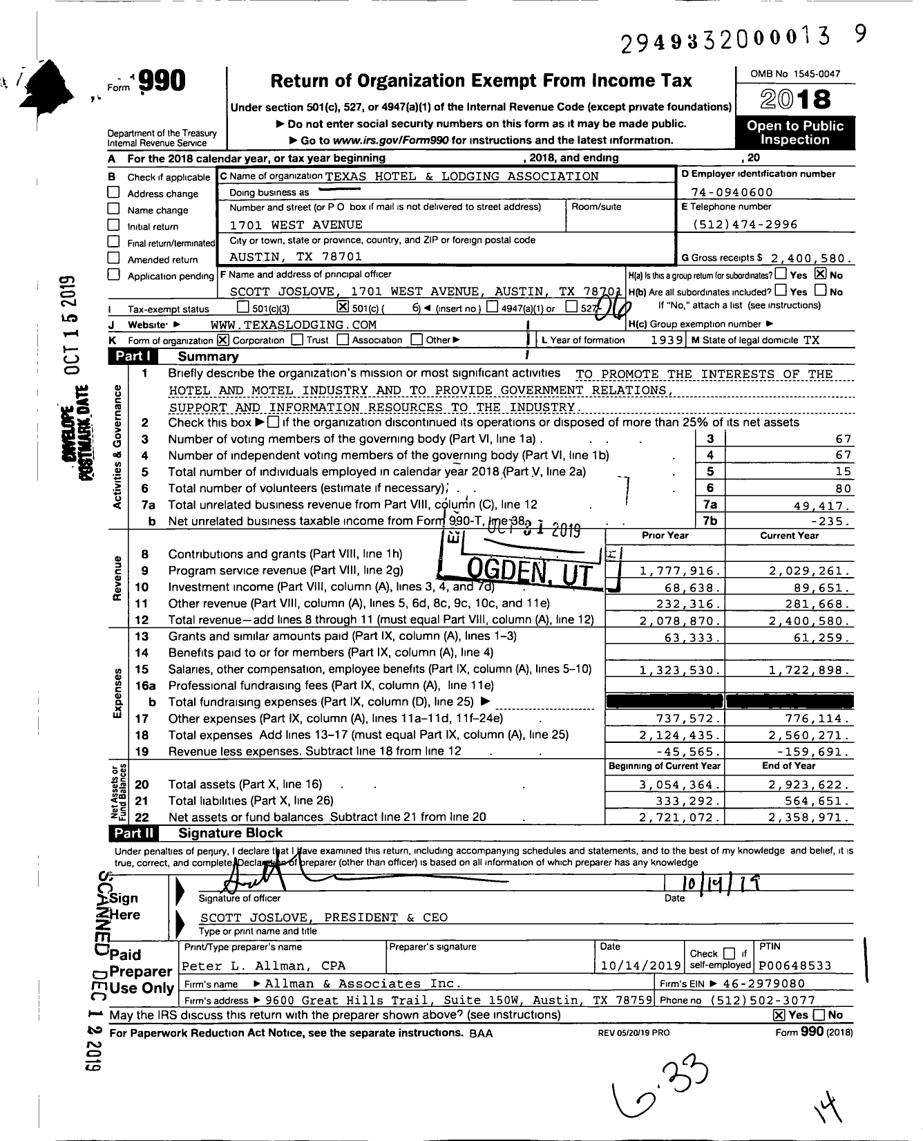 Image of first page of 2018 Form 990O for Texas Hotel and Lodging Association