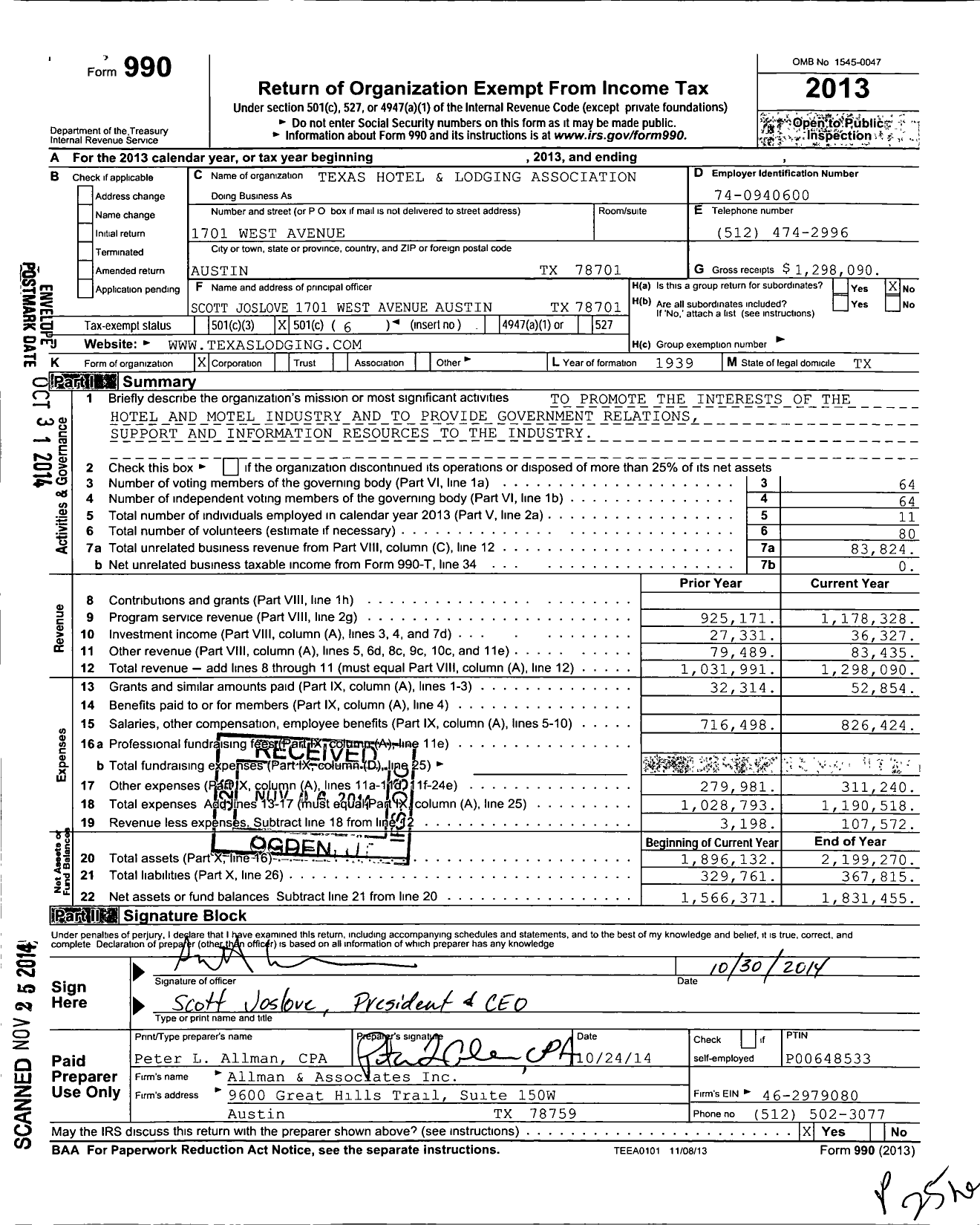 Image of first page of 2013 Form 990O for Texas Hotel and Lodging Association