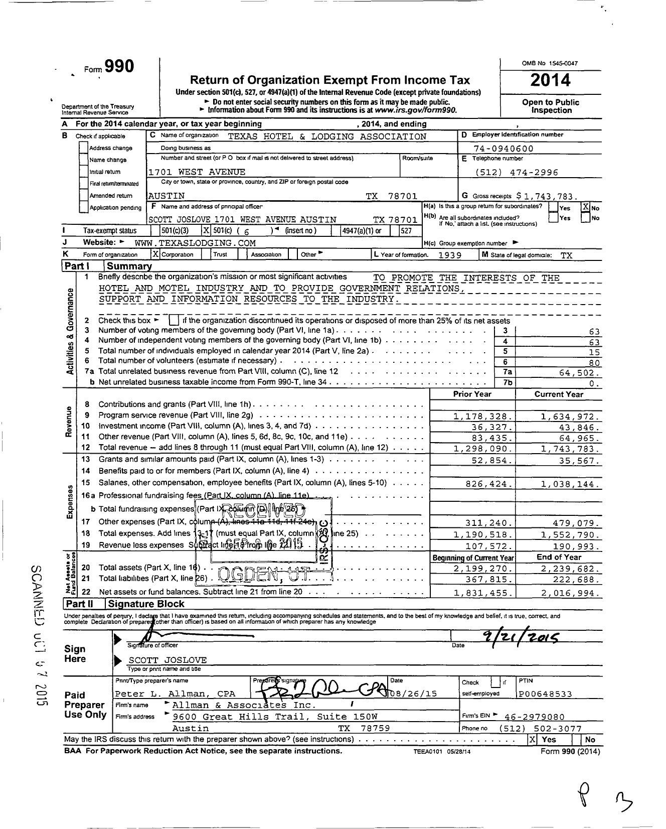 Image of first page of 2014 Form 990O for Texas Hotel and Lodging Association