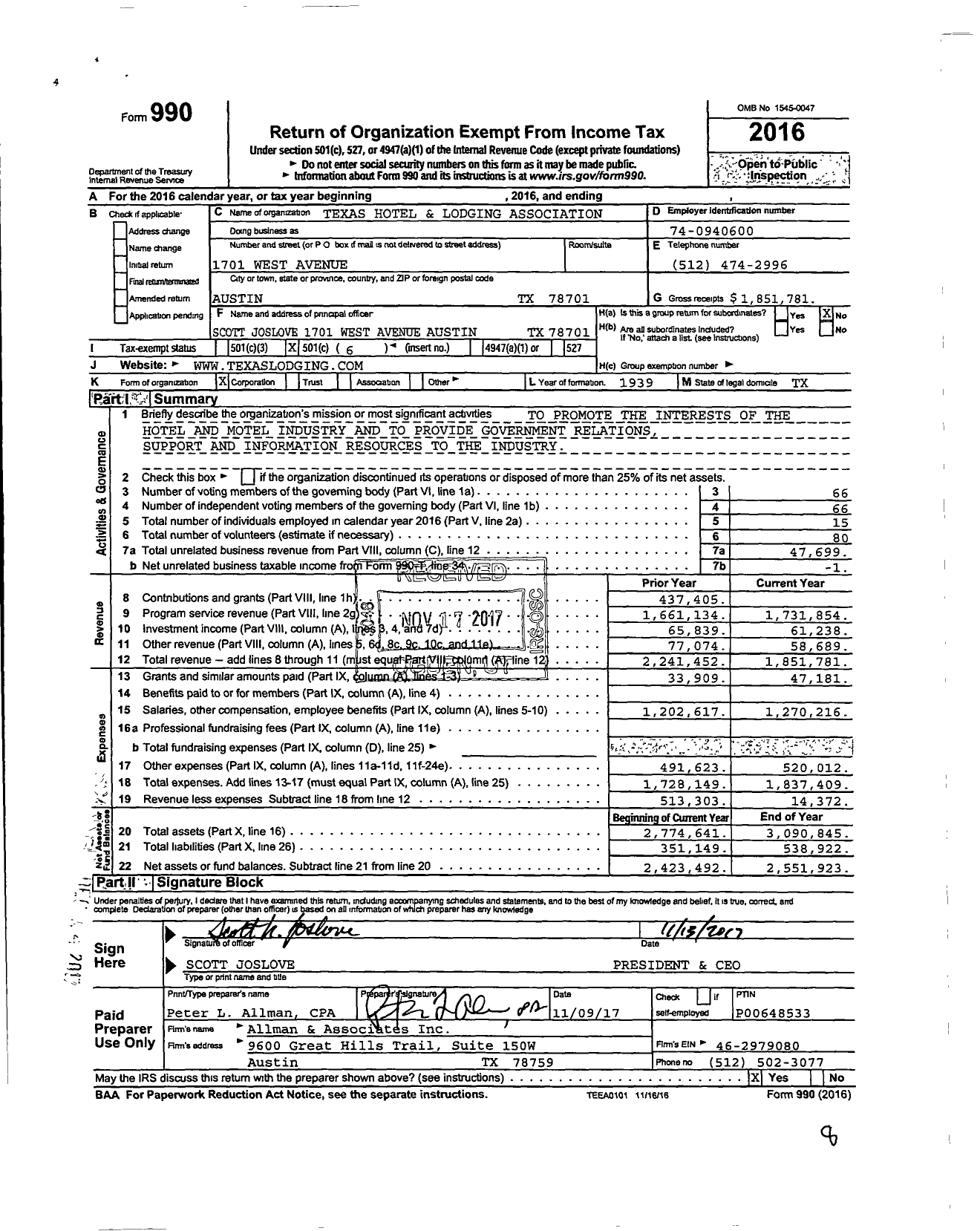 Image of first page of 2016 Form 990O for Texas Hotel and Lodging Association