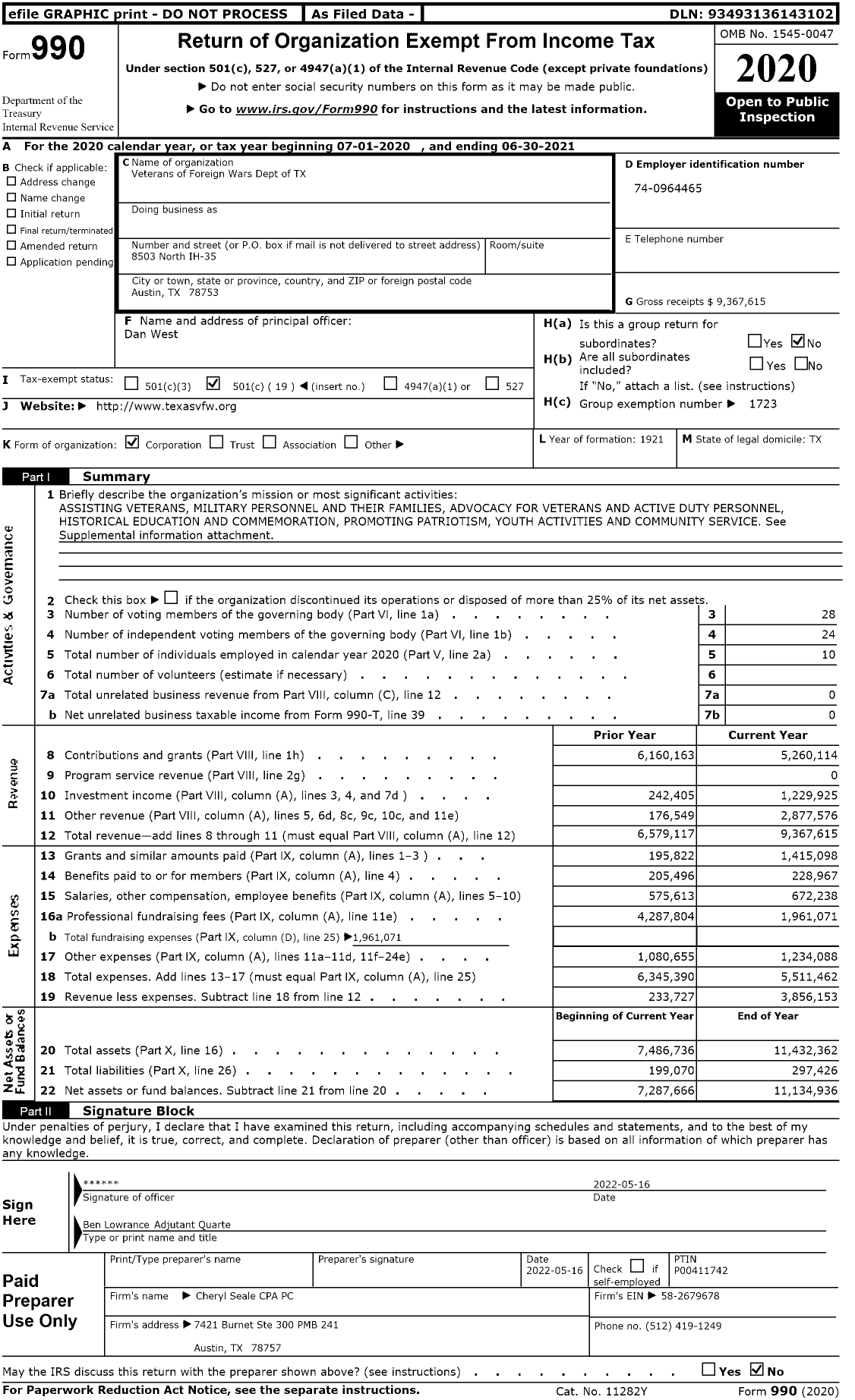Image of first page of 2020 Form 990O for Texas VFW - Vfw-Tex