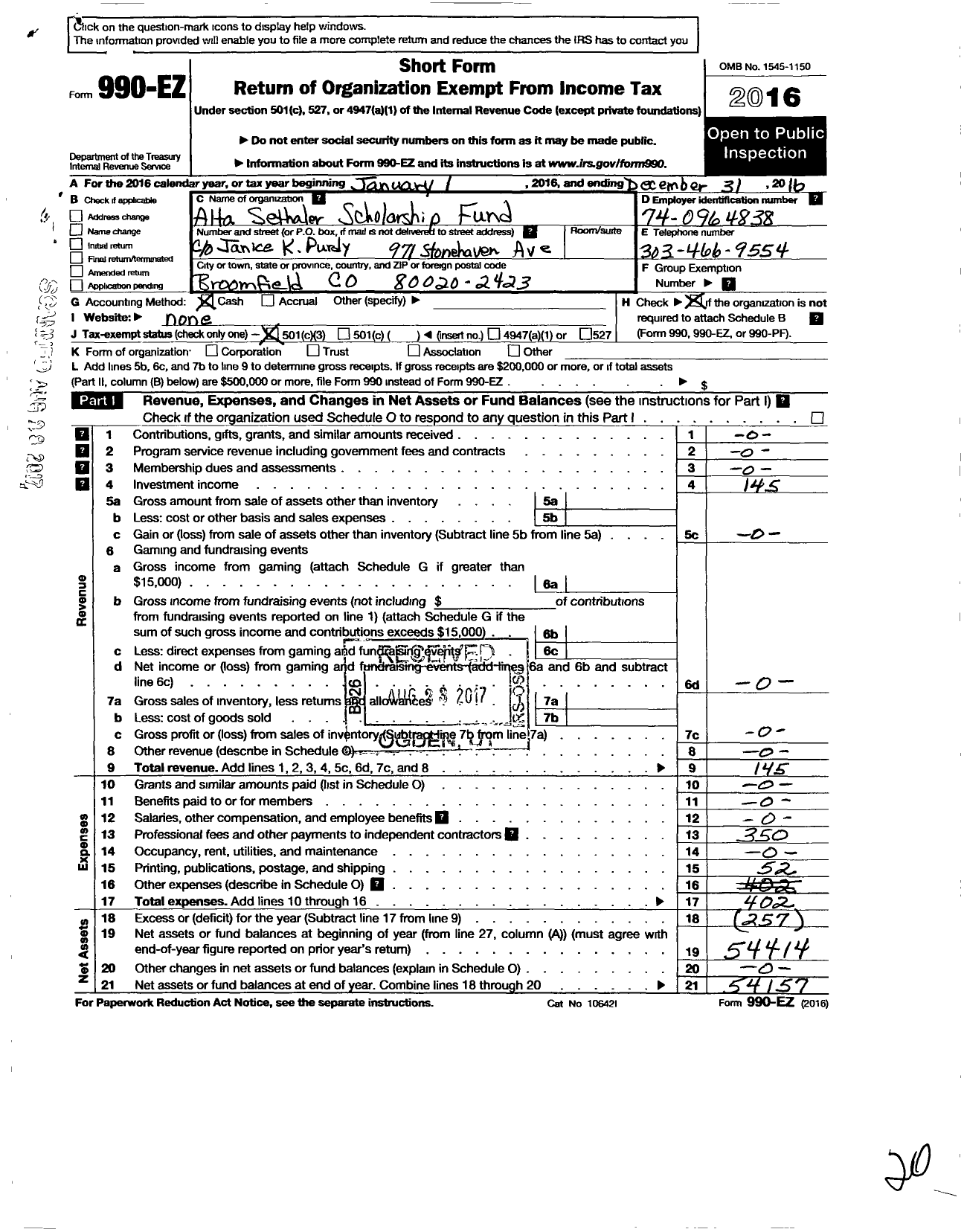 Image of first page of 2016 Form 990EZ for Alta Sethaler Scholarship Fund