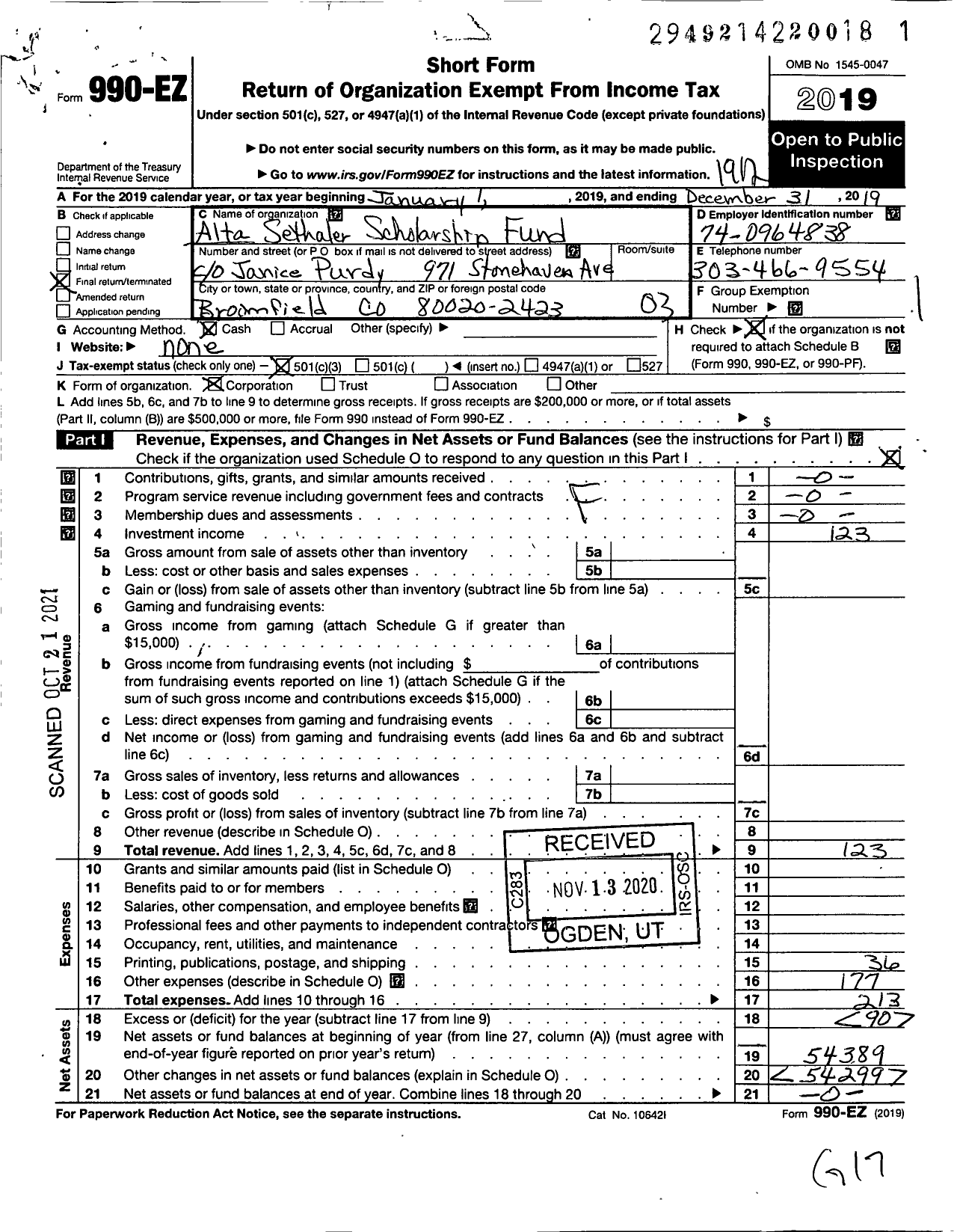 Image of first page of 2019 Form 990EZ for Alta Sethaler Scholarship Fund