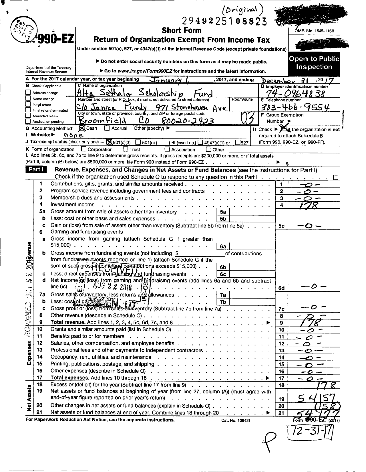 Image of first page of 2017 Form 990EZ for Alta Sethaler Scholarship Fund