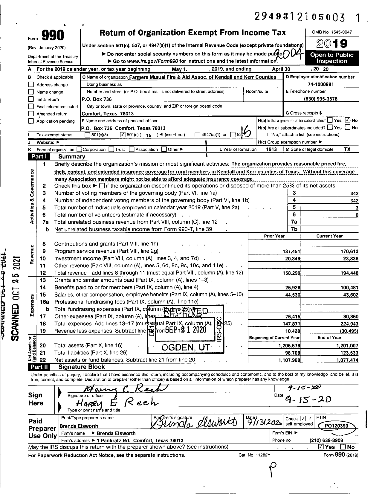 Image of first page of 2019 Form 990O for Farmers Mutual Fire & Aid Assoc of Kendall and Kerr Counties