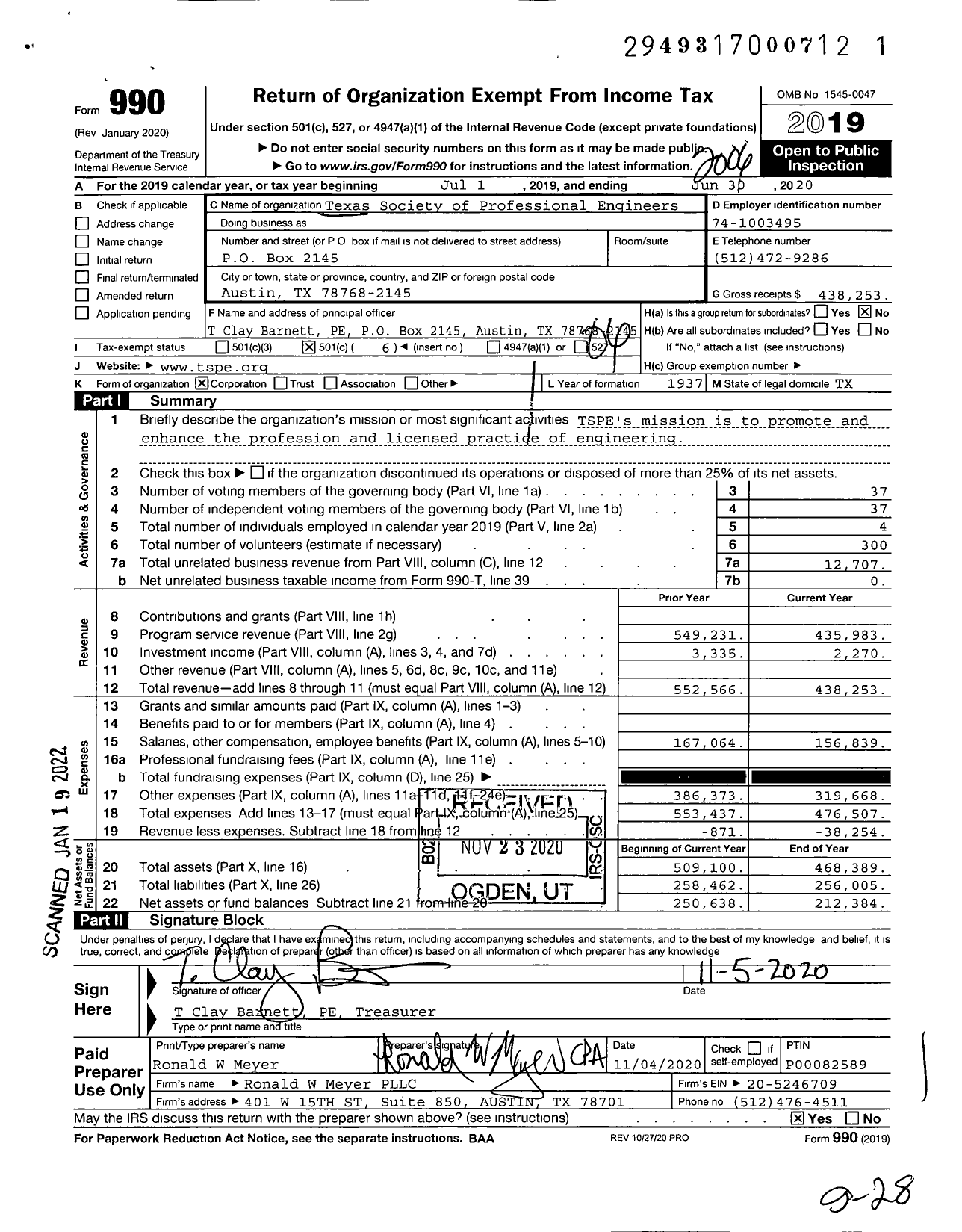 Image of first page of 2019 Form 990O for Texas Society of Professional Engineers / Parent Organization