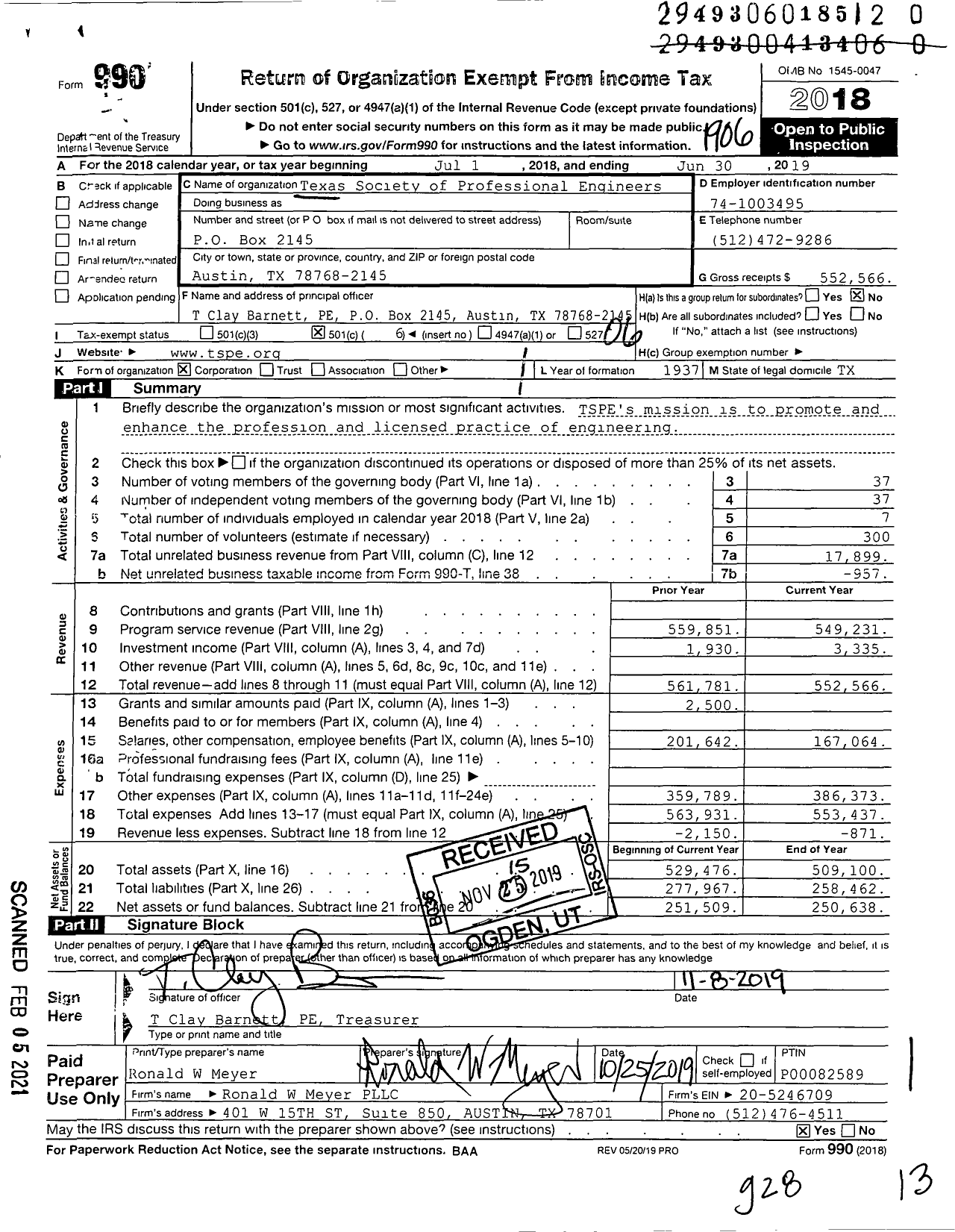 Image of first page of 2018 Form 990O for Texas Society of Professional Engineers / Parent Organization