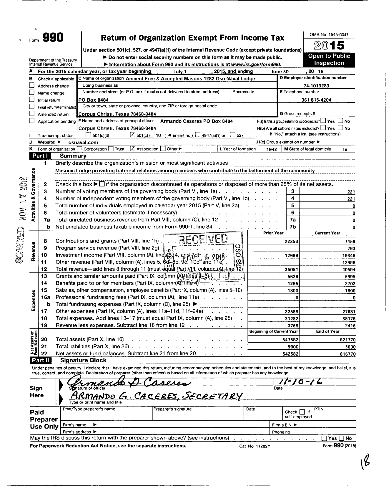 Image of first page of 2015 Form 990O for Freemasons in Texas - 1282 Oso Naval