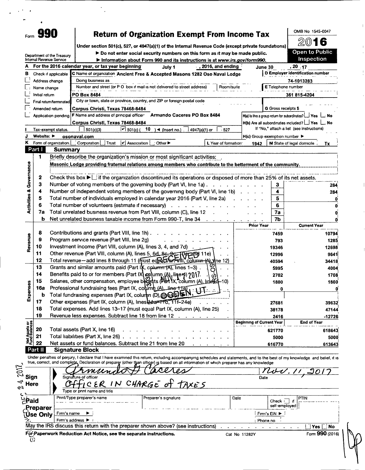 Image of first page of 2016 Form 990O for Freemasons in Texas - 1282 Oso Naval