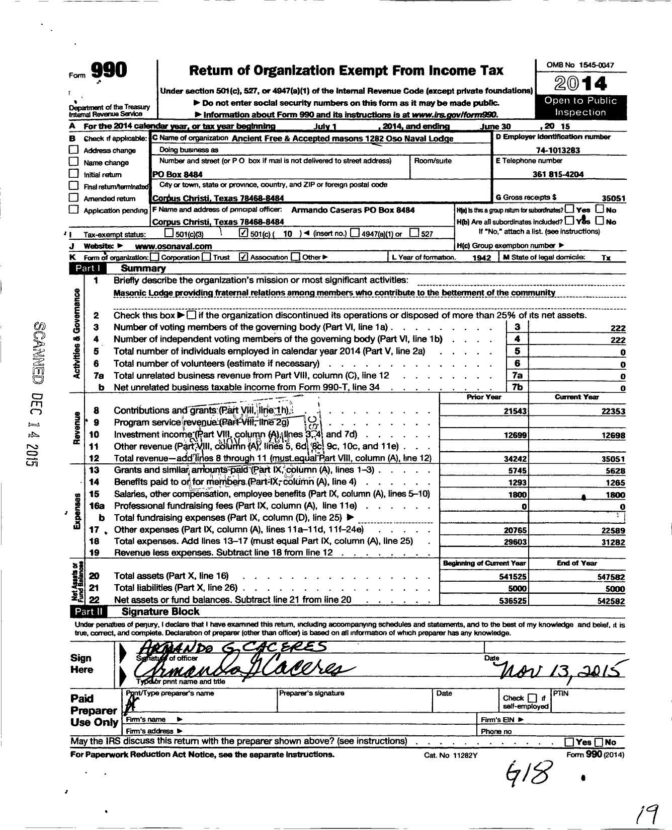 Image of first page of 2014 Form 990O for Freemasons in Texas - 1282 Oso Naval