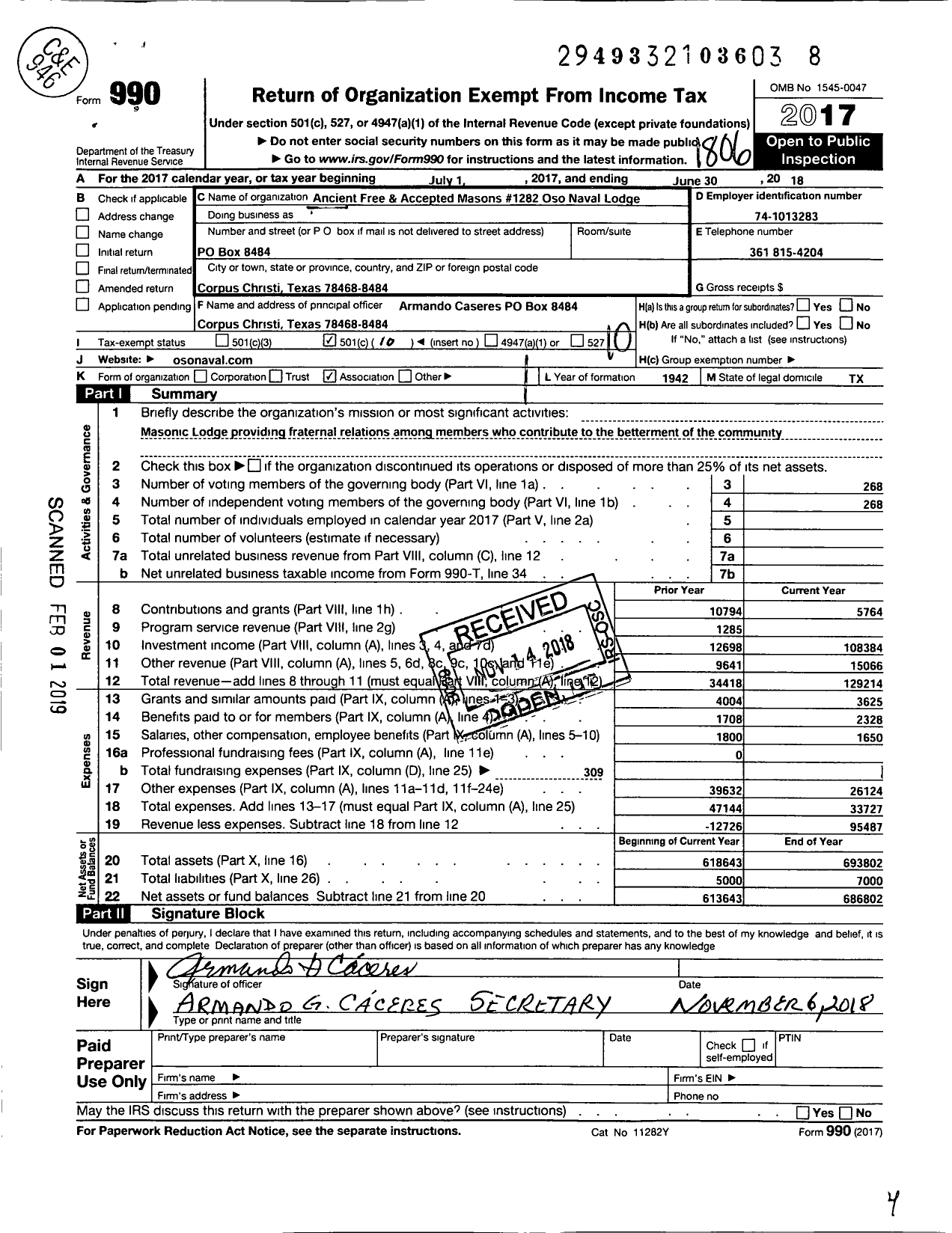 Image of first page of 2017 Form 990O for Freemasons in Texas - 1282 Oso Naval