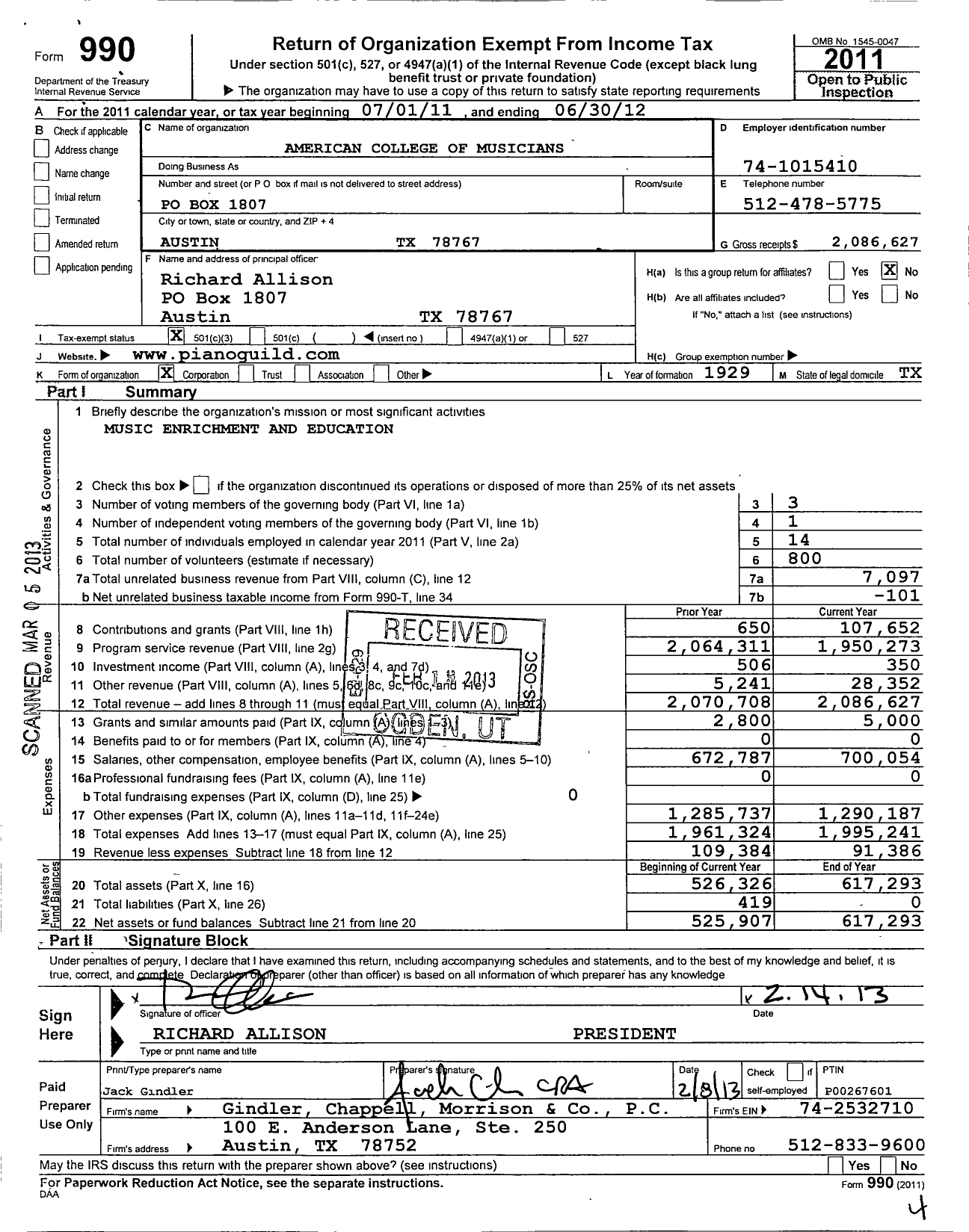 Image of first page of 2011 Form 990 for American College of Musicians