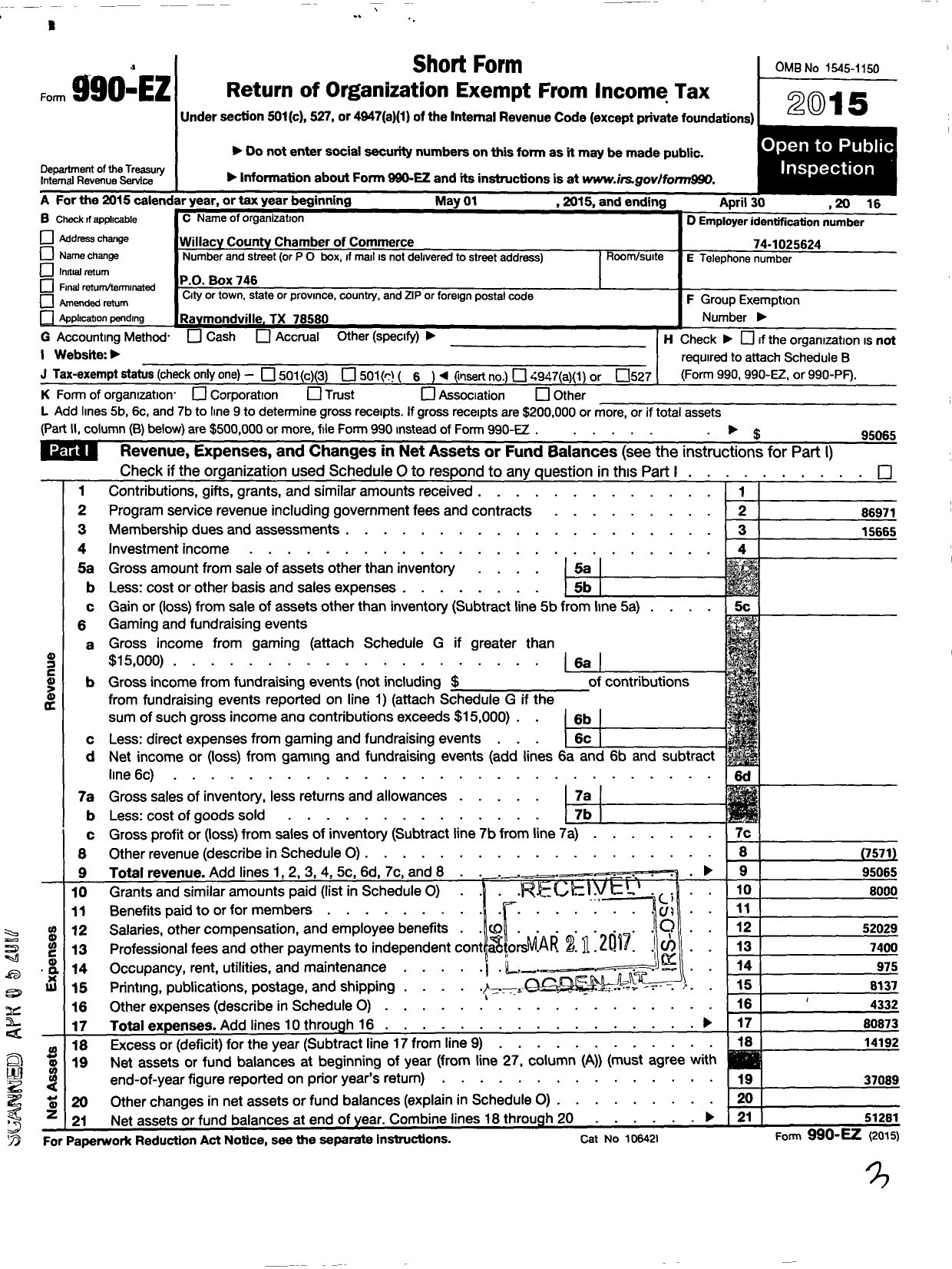 Image of first page of 2015 Form 990EO for Willacy County Chamber of Commerce