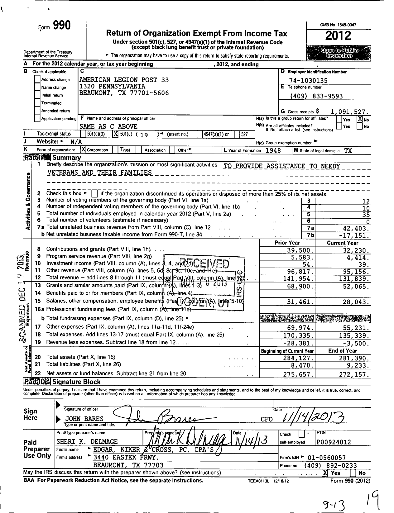 Image of first page of 2012 Form 990O for American Legion Post 33