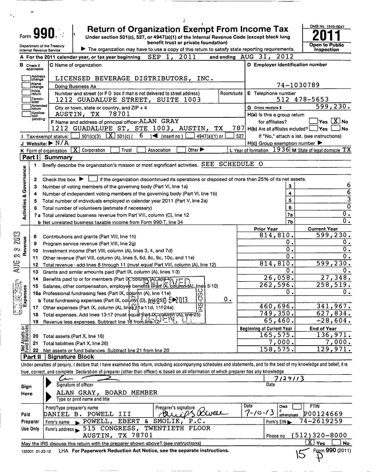 Image of first page of 2011 Form 990O for Licensed Beverage Distributors