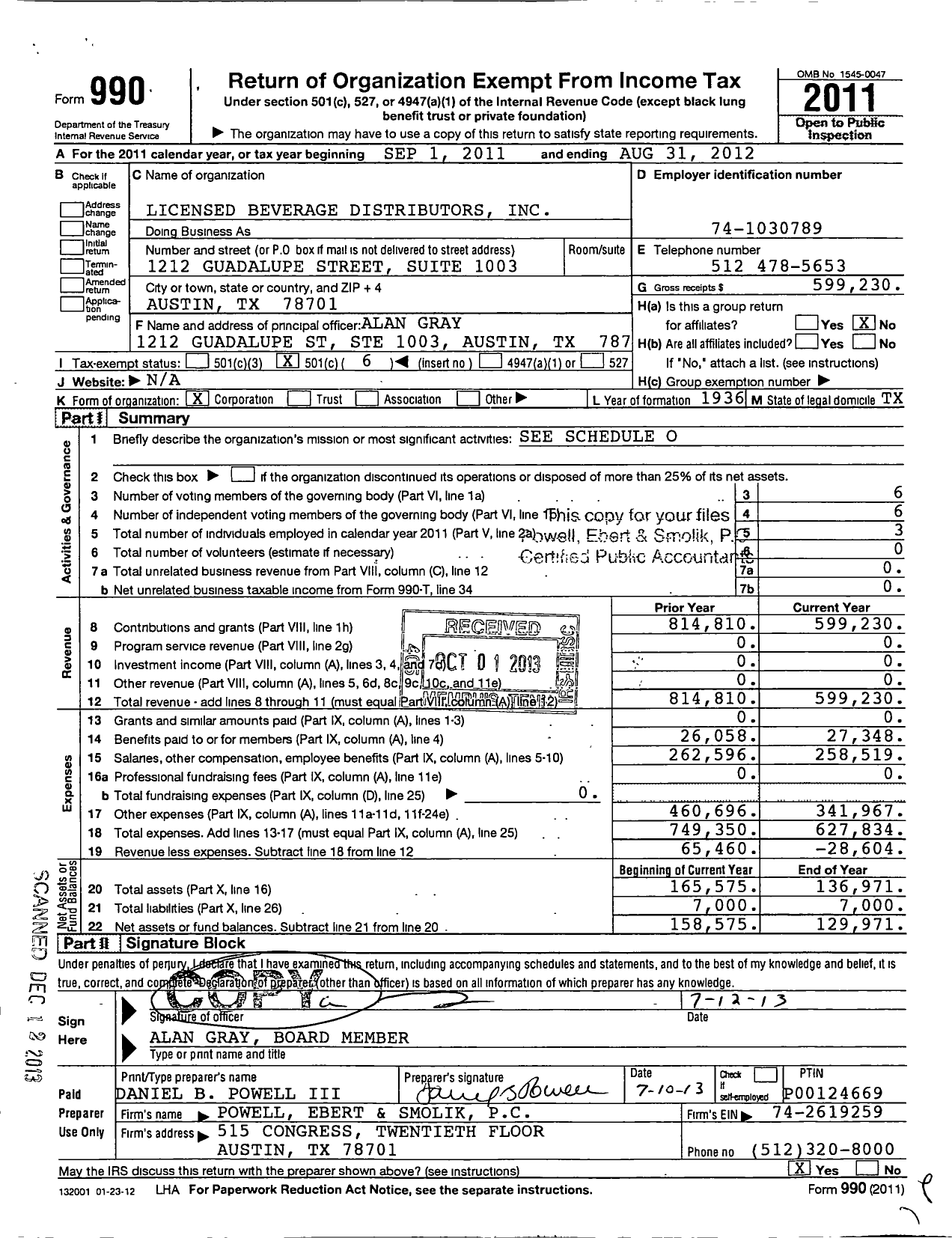 Image of first page of 2011 Form 990O for Licensed Beverage Distributors