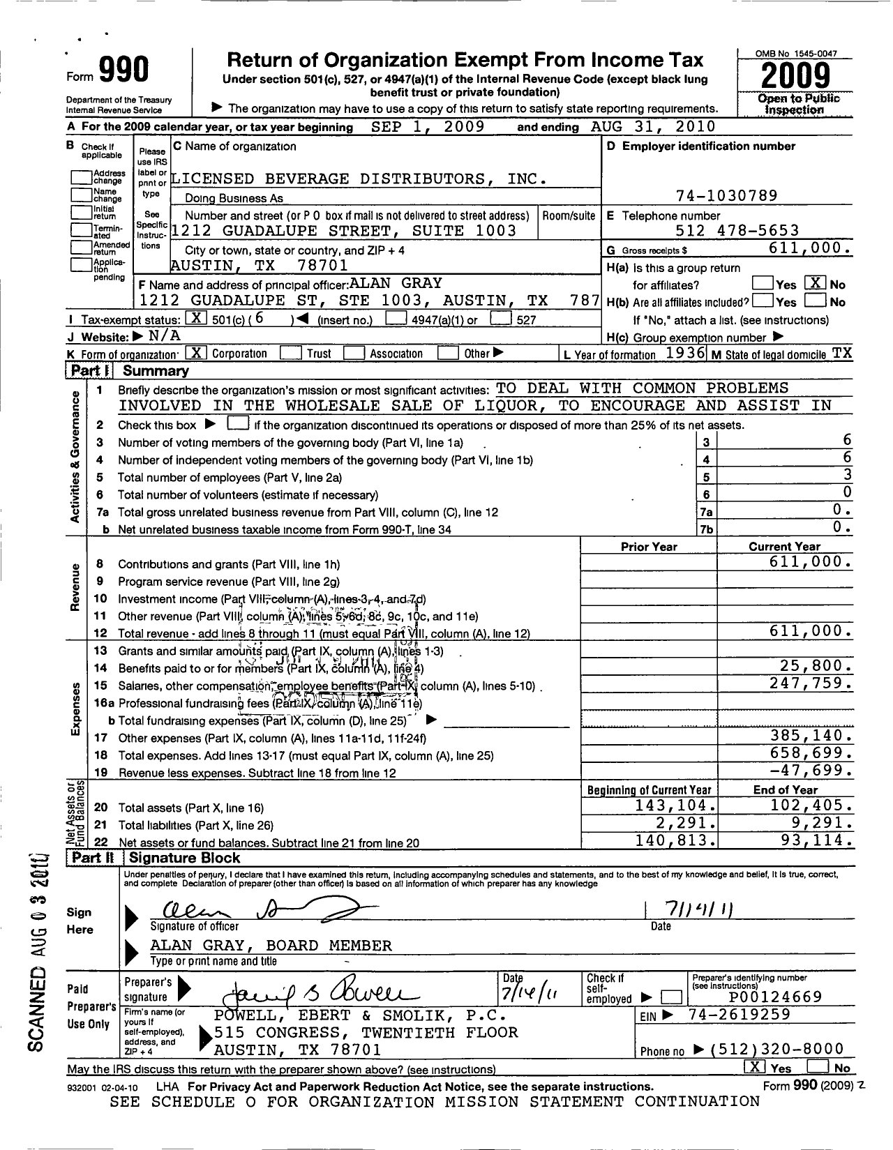 Image of first page of 2009 Form 990O for Licensed Beverage Distributors