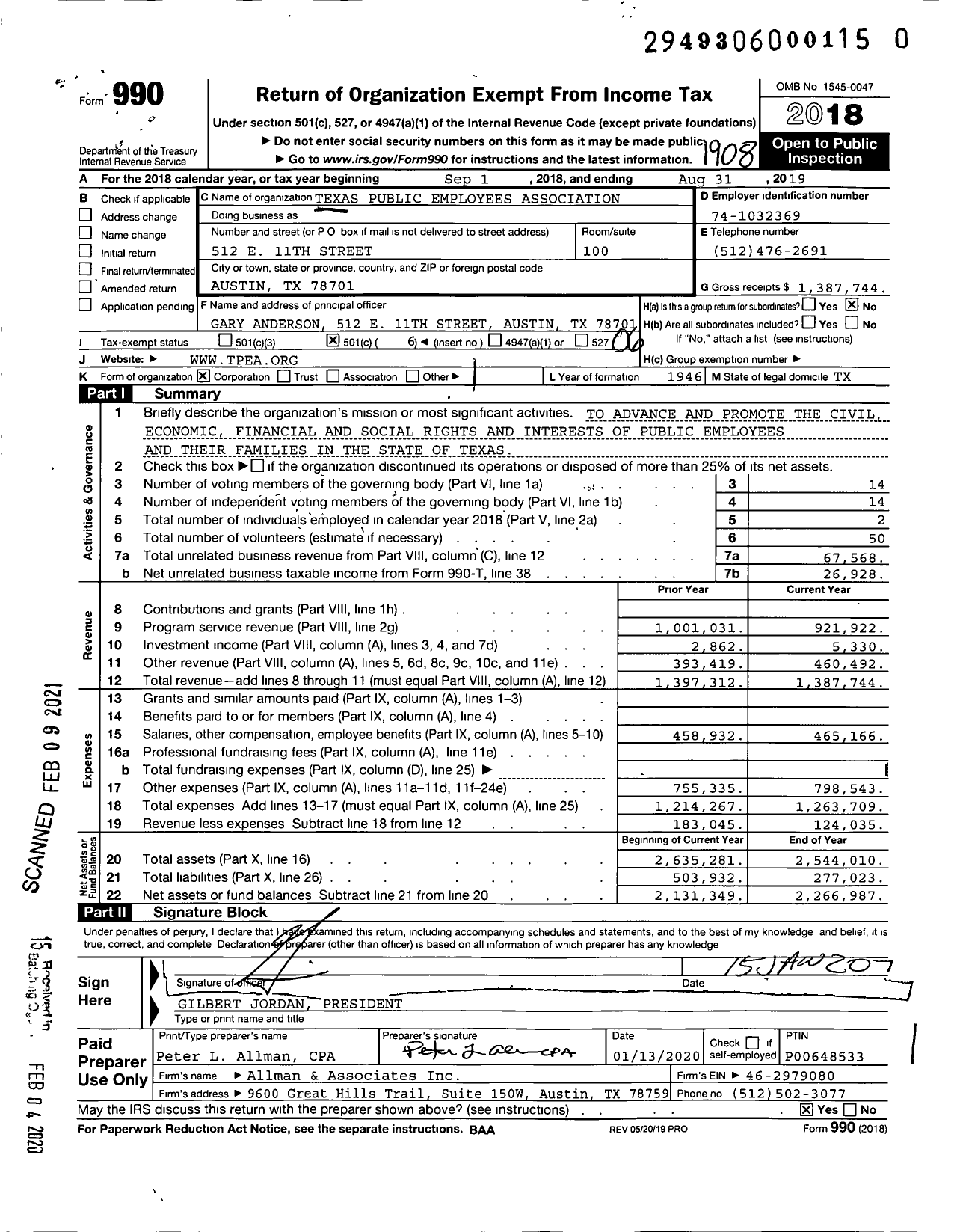 Image of first page of 2018 Form 990O for Texas Public Employees Association (TPEA)