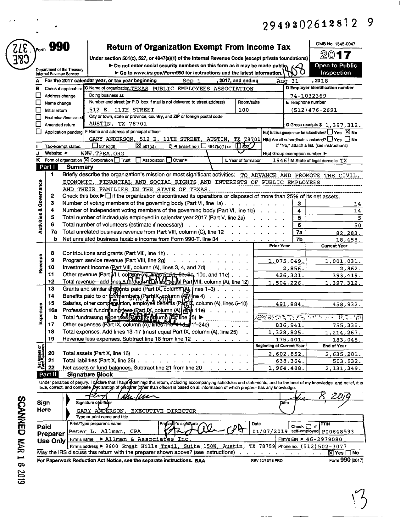 Image of first page of 2017 Form 990O for Texas Public Employees Association (TPEA)