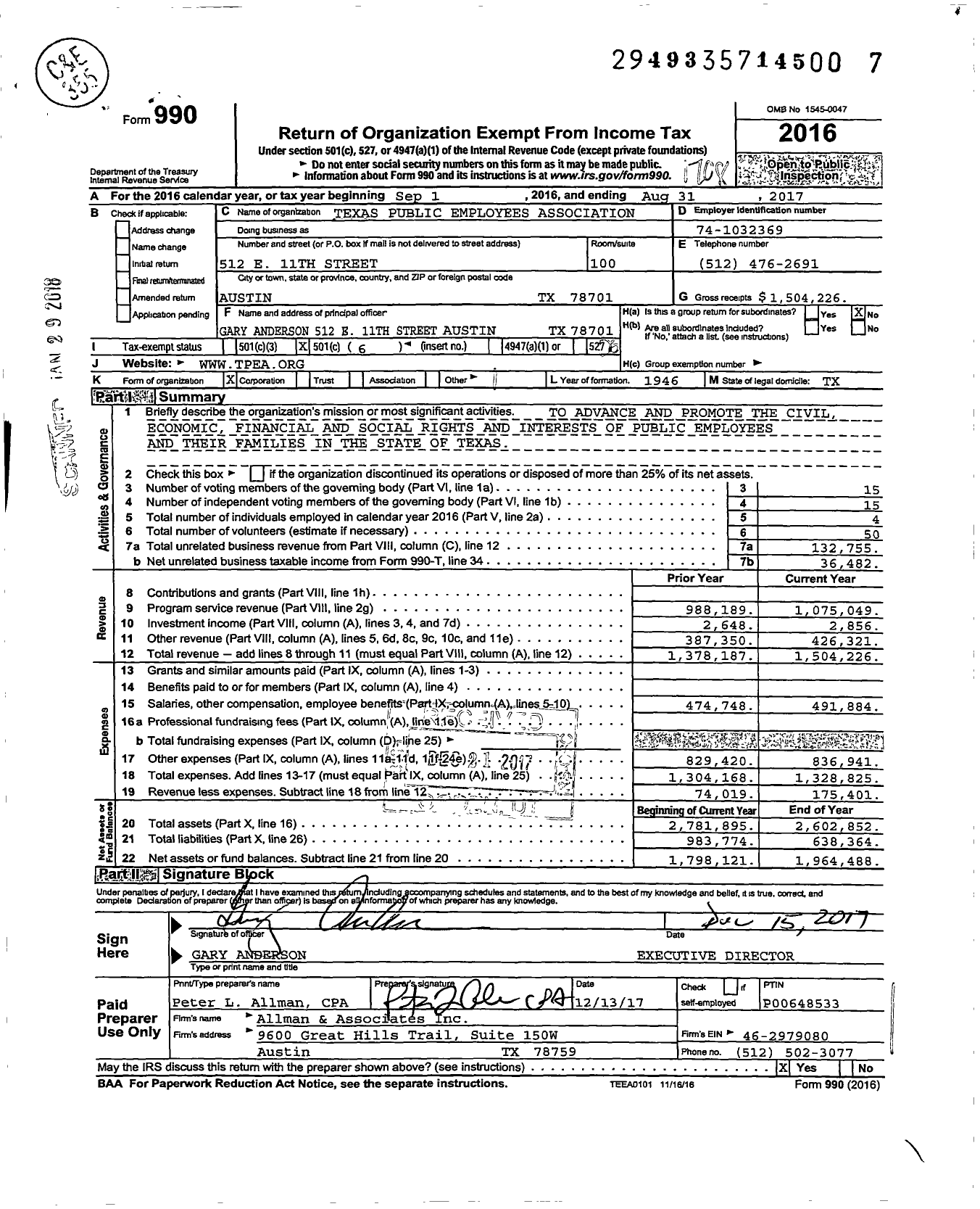 Image of first page of 2016 Form 990O for Texas Public Employees Association (TPEA)