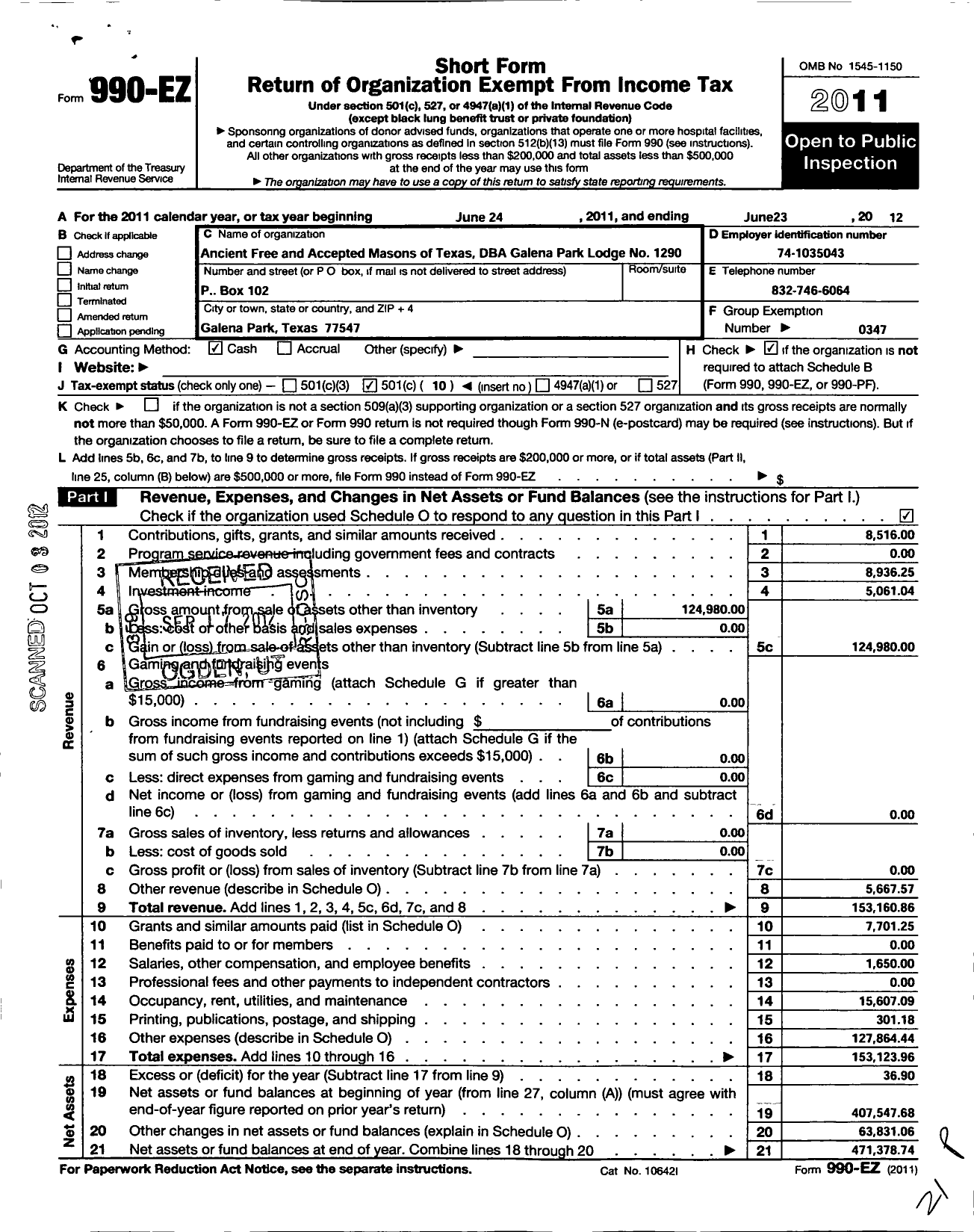 Image of first page of 2011 Form 990EO for Freemasons in Texas - Galena Park Lodge No 1290