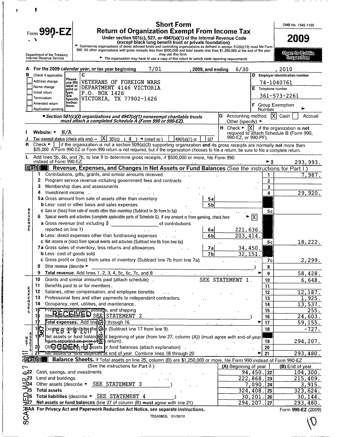 Image of first page of 2009 Form 990EO for Texas VFW - 4146 Victoria Post