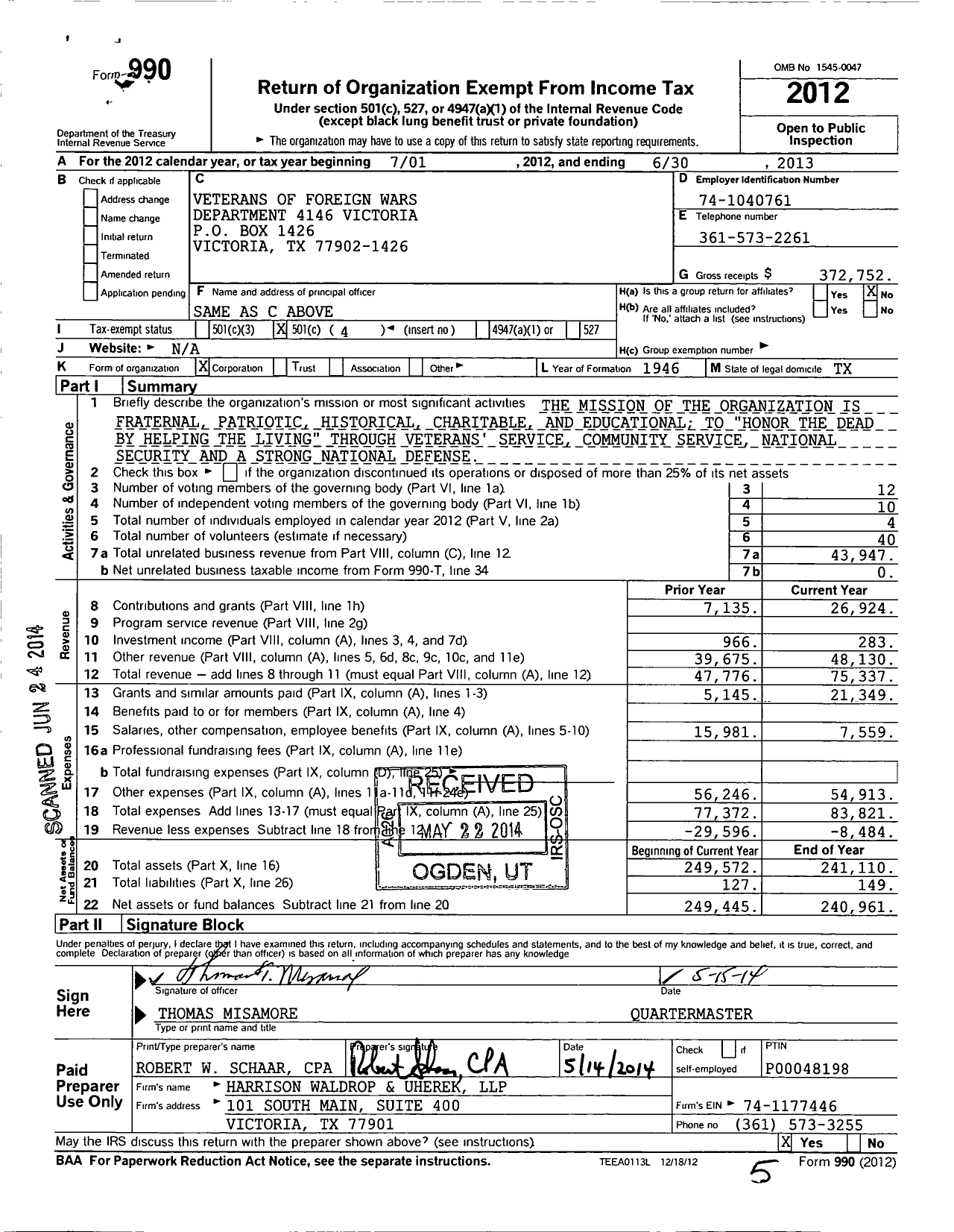 Image of first page of 2012 Form 990O for Texas VFW - 4146 Victoria Post