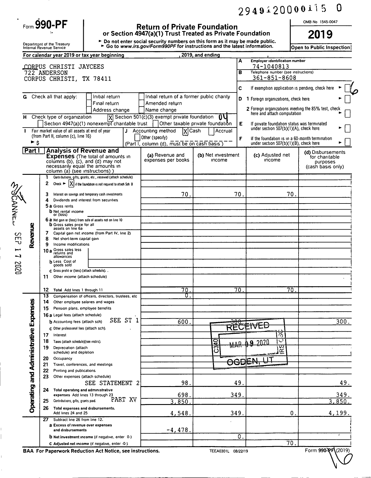 Image of first page of 2019 Form 990PR for Corpus Christi Jaycees