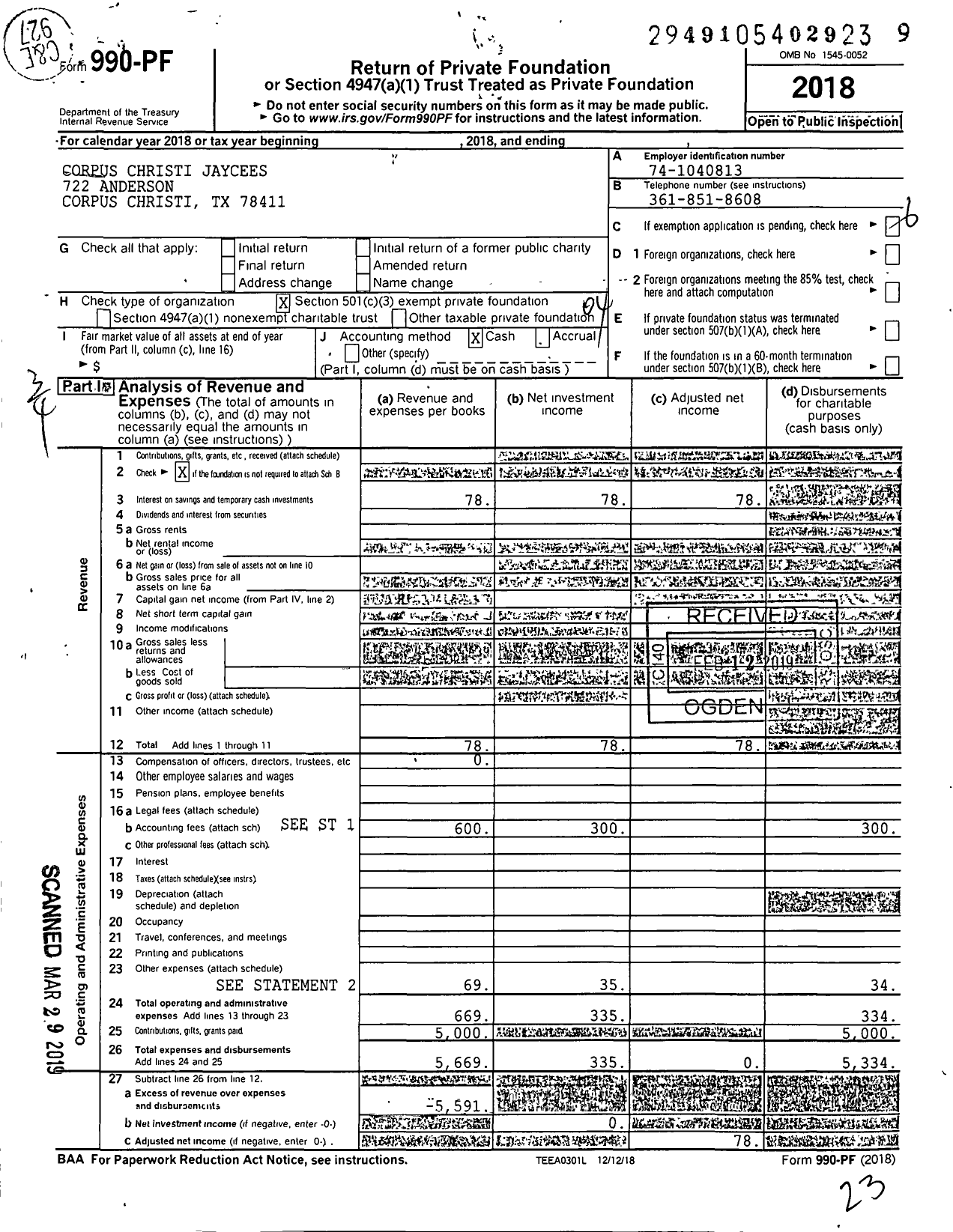 Image of first page of 2018 Form 990PF for Corpus Christi Jaycees