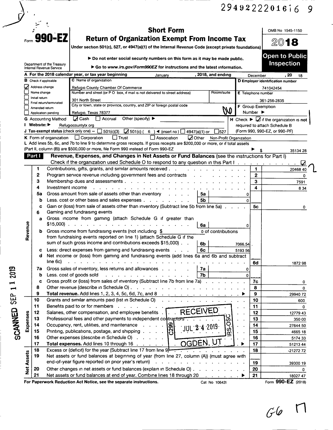 Image of first page of 2018 Form 990EO for Refugio County Chamber of Commerce