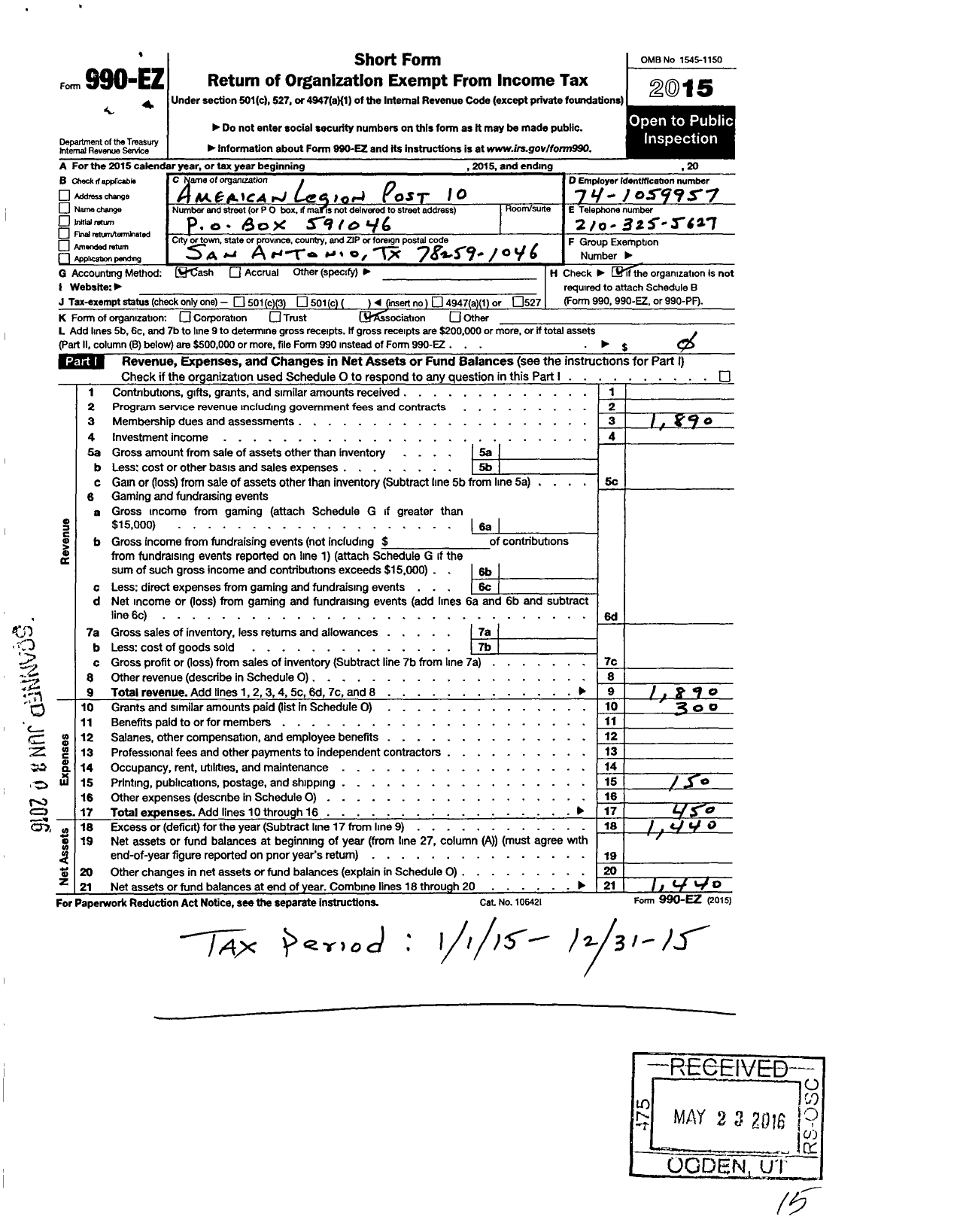 Image of first page of 2015 Form 990EO for American Legion - PFC Ruth E Warlick