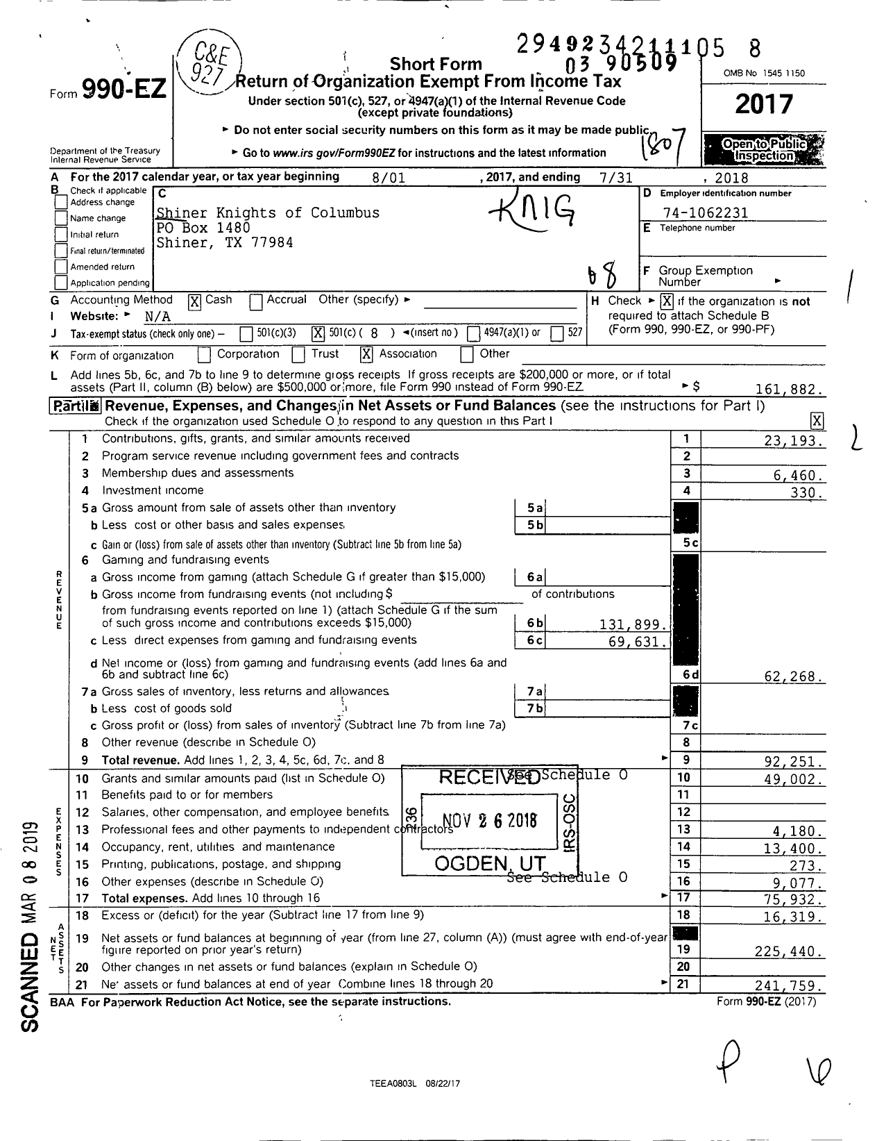 Image of first page of 2017 Form 990EO for Knights of Columbus - 3081 MSGR Netardus Council