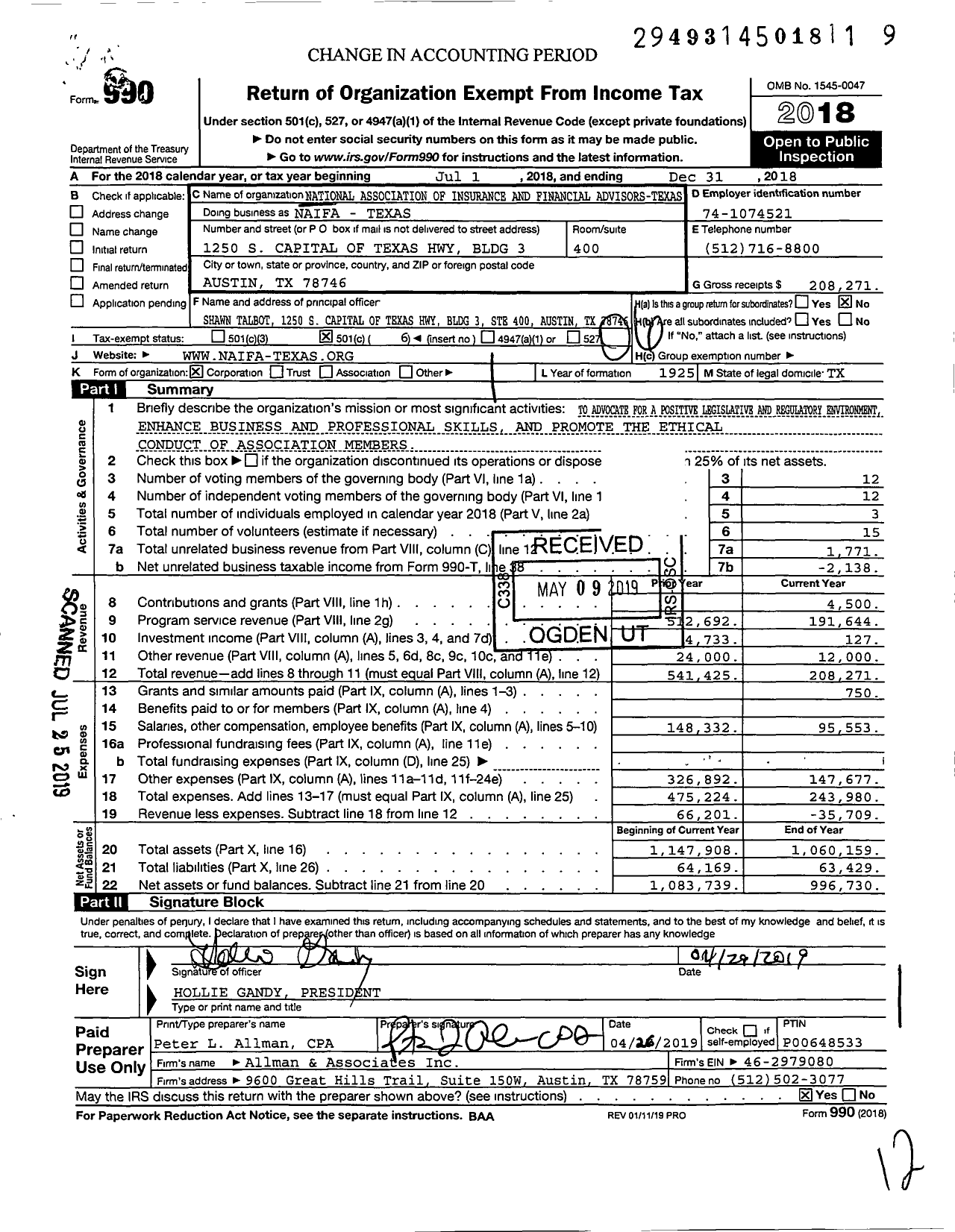Image of first page of 2018 Form 990O for Naifa - Texas