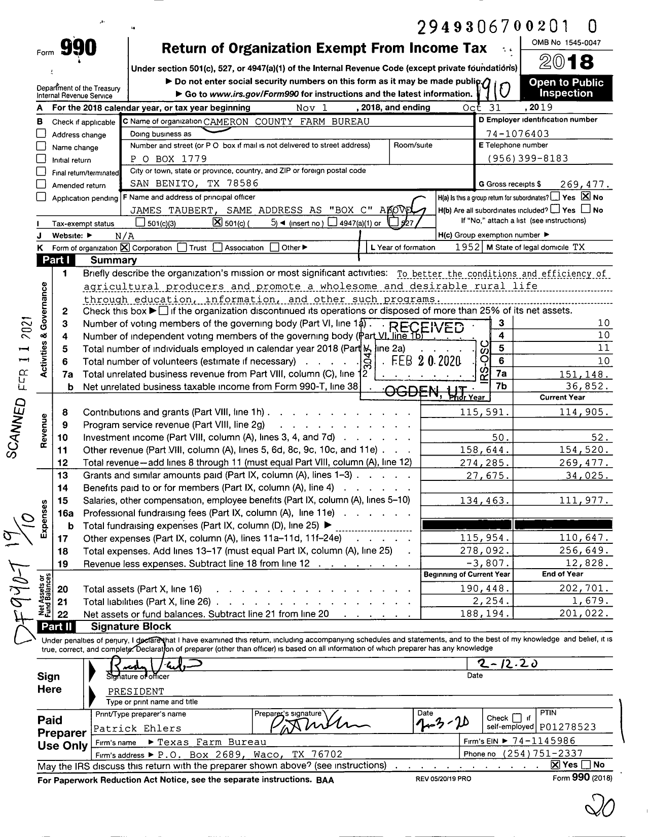 Image of first page of 2018 Form 990O for Cameron County Farm Bureau