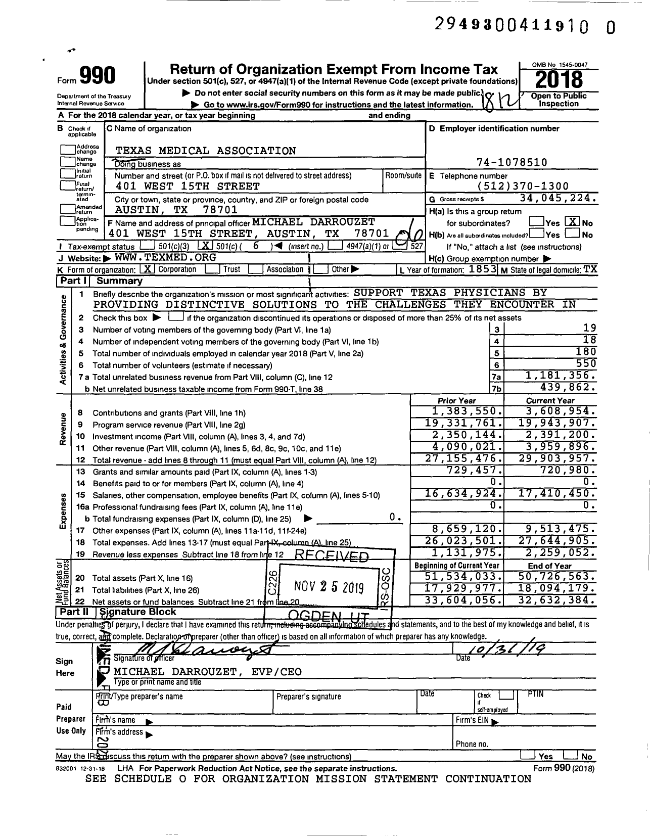 Image of first page of 2018 Form 990O for Texas Medical Association (TMA)
