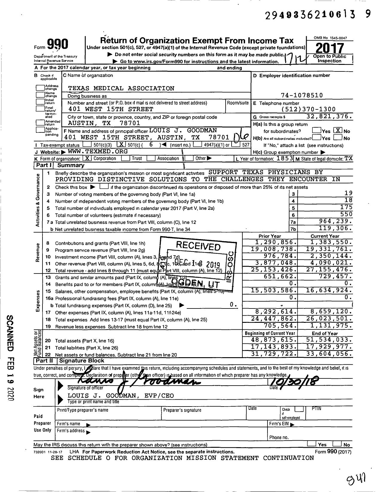 Image of first page of 2017 Form 990O for Texas Medical Association (TMA)