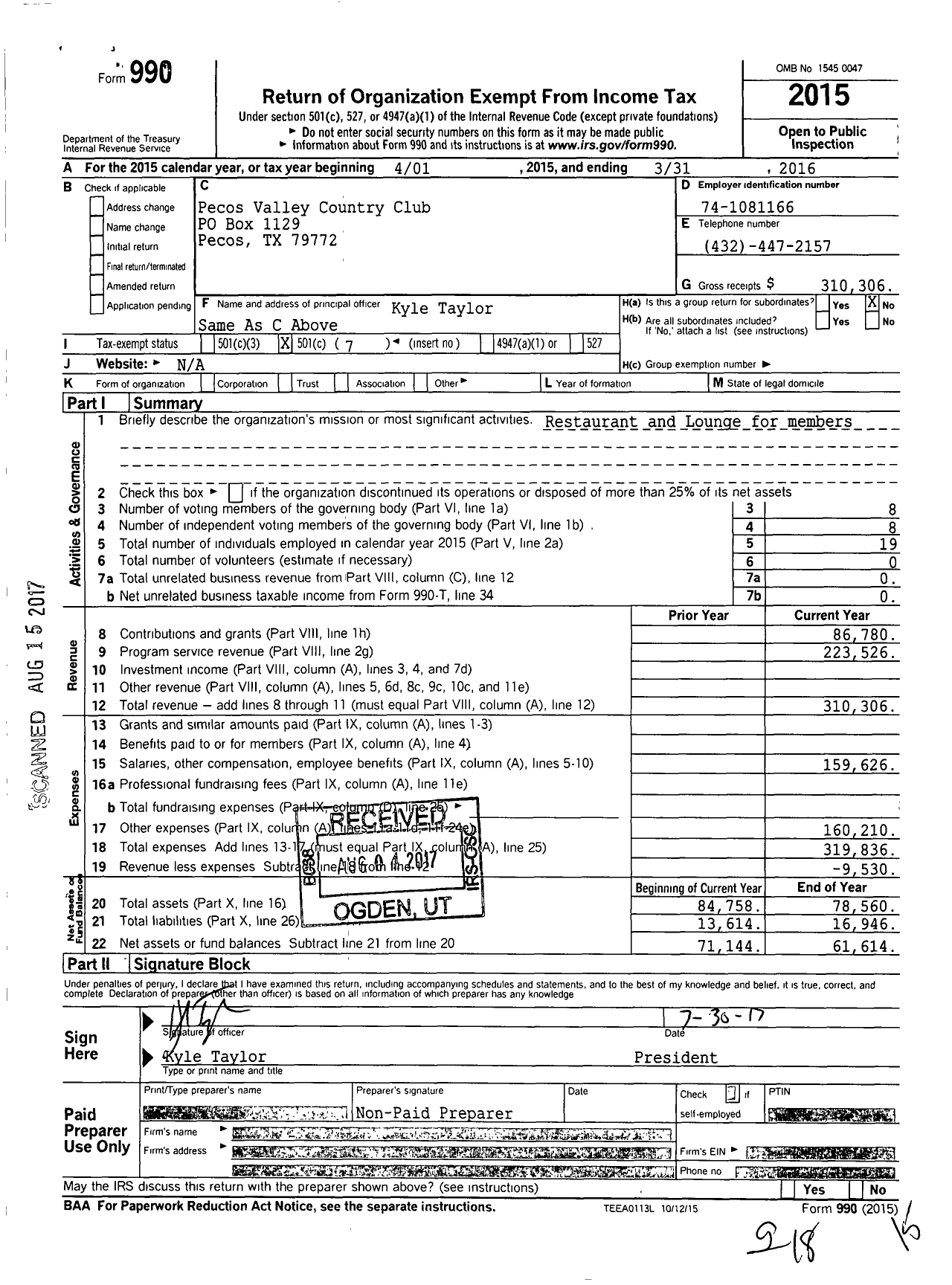 Image of first page of 2015 Form 990O for Pecos Valley Country Club