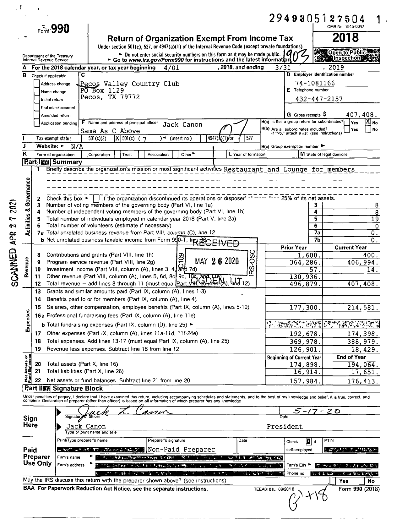 Image of first page of 2018 Form 990O for Pecos Valley Country Club