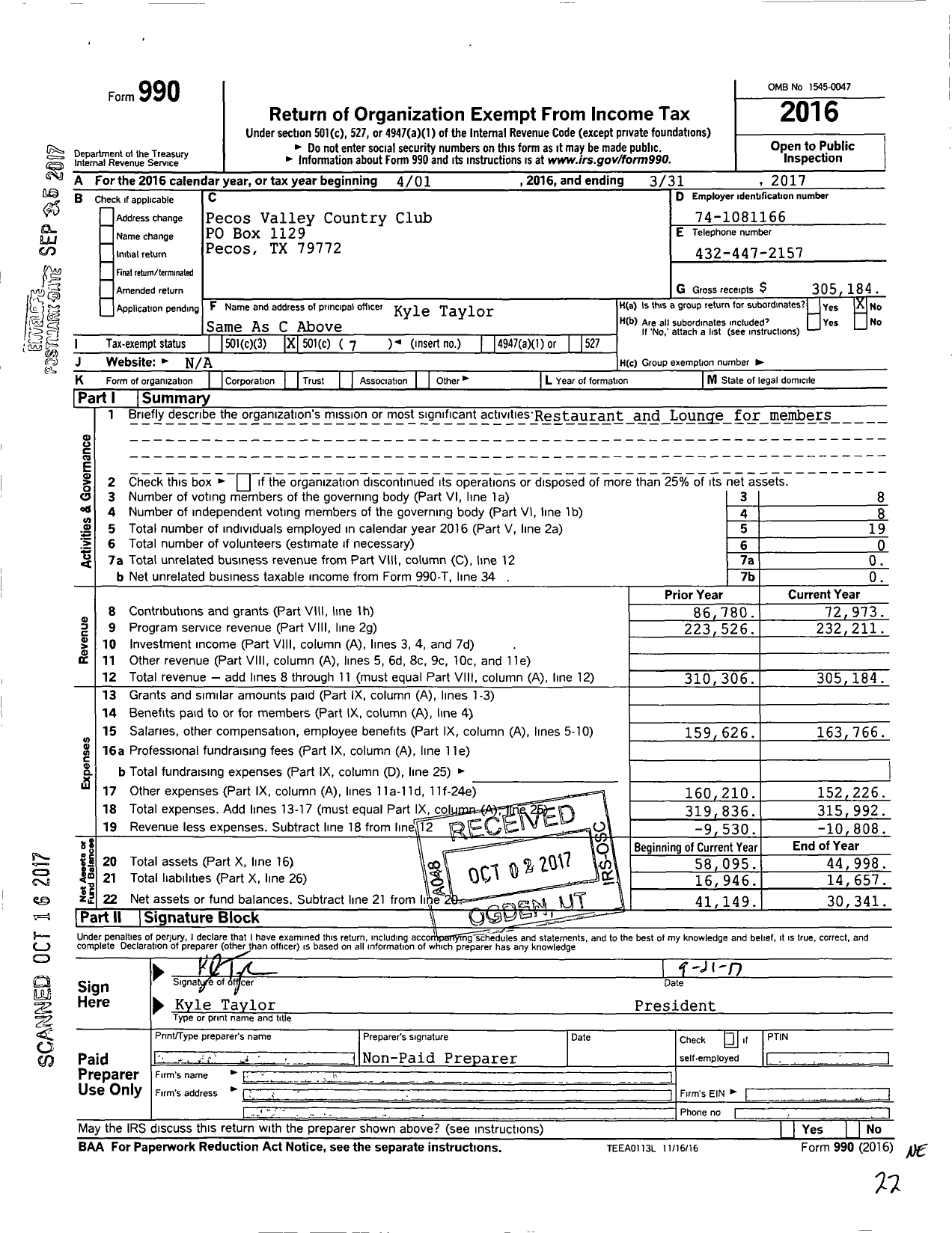 Image of first page of 2016 Form 990O for Pecos Valley Country Club