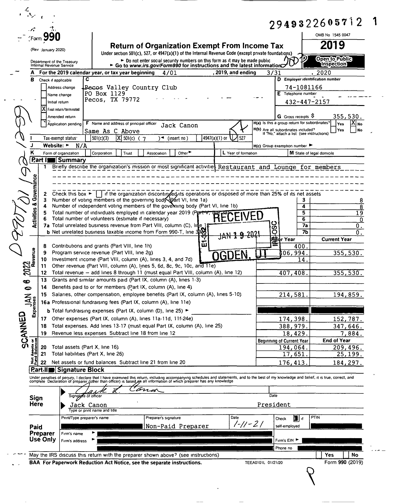 Image of first page of 2019 Form 990O for Pecos Valley Country Club