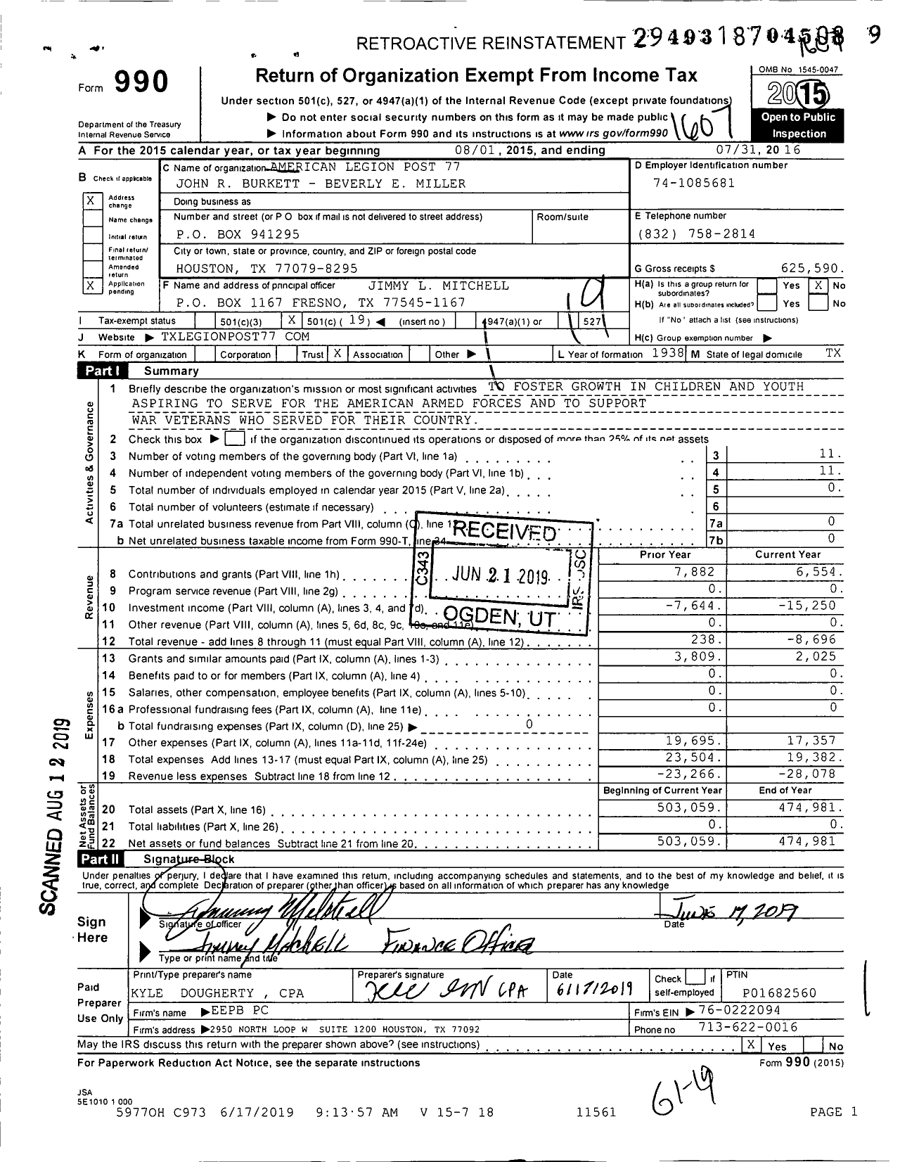 Image of first page of 2015 Form 990O for American Legion Post 77 John R Burkett - Beverly E Miller