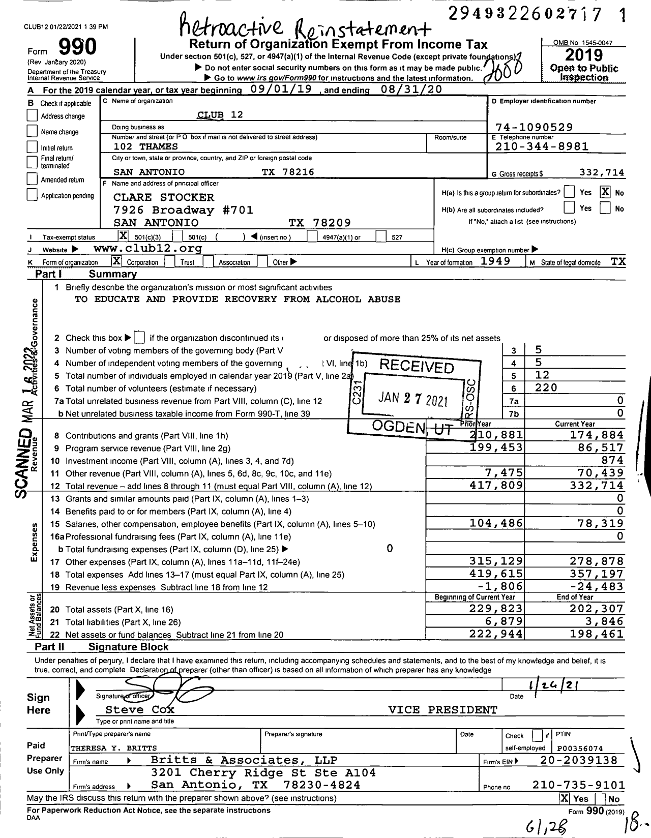 Image of first page of 2019 Form 990 for Club 12