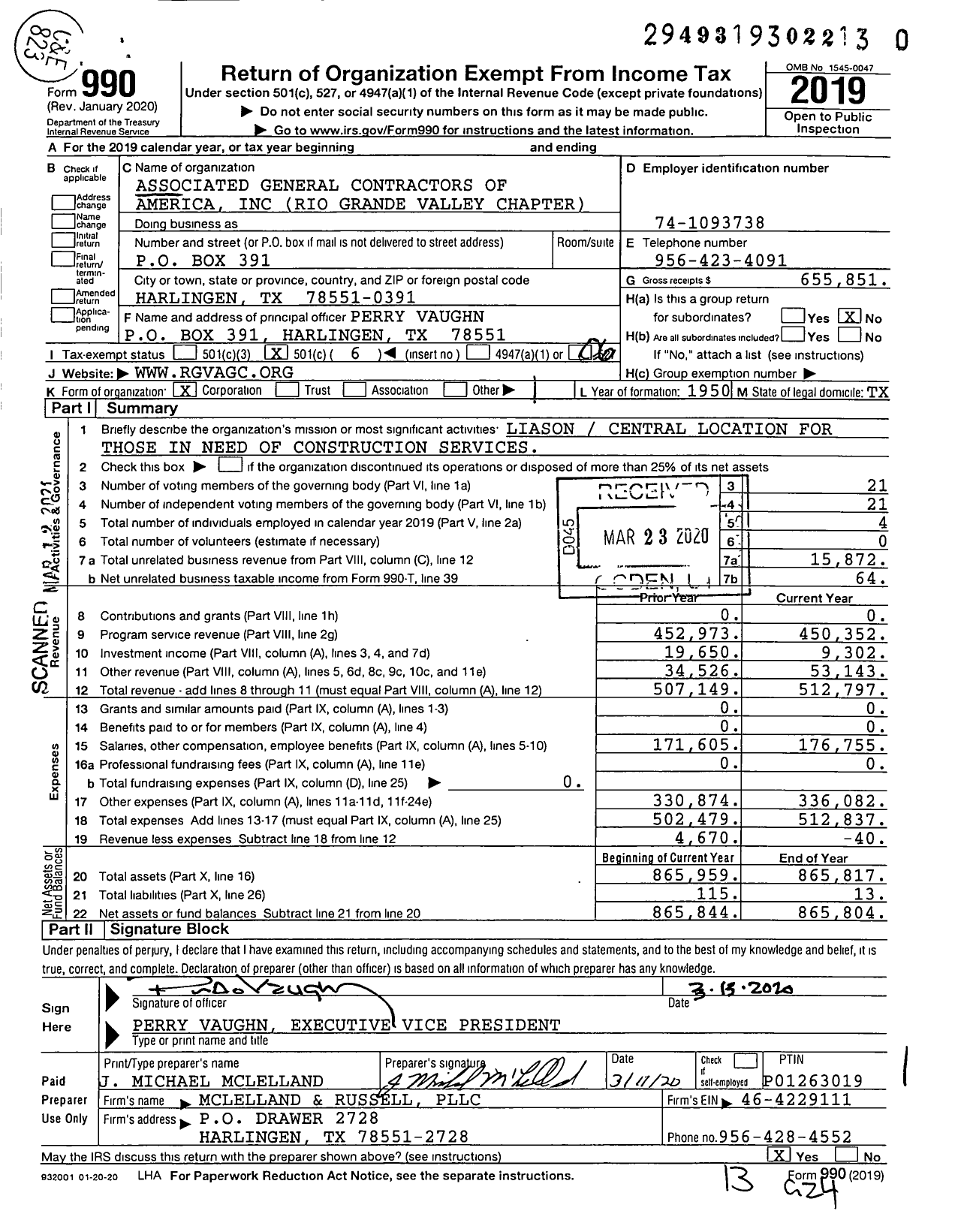 Image of first page of 2019 Form 990O for Associated General Contractors of America / Rio Grande Valley Chapter