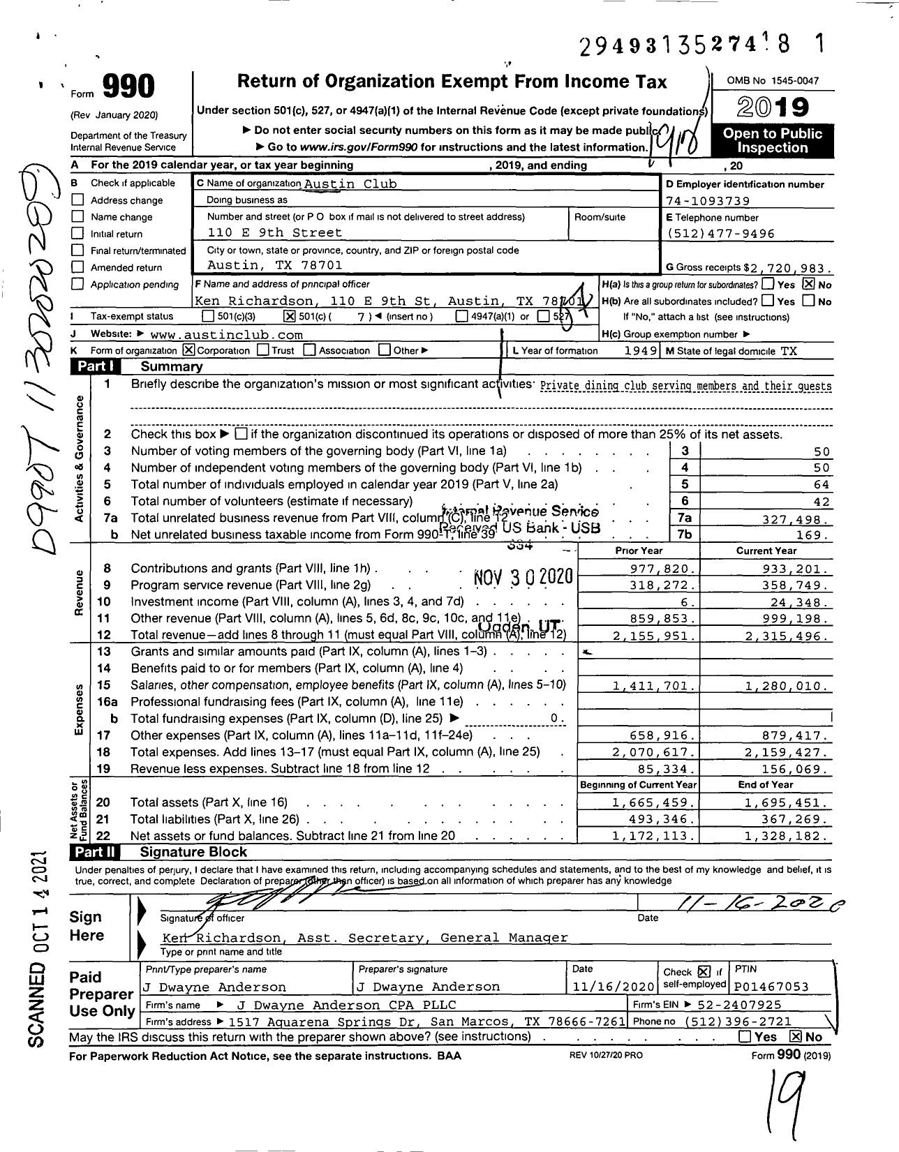 Image of first page of 2019 Form 990O for Austin Club